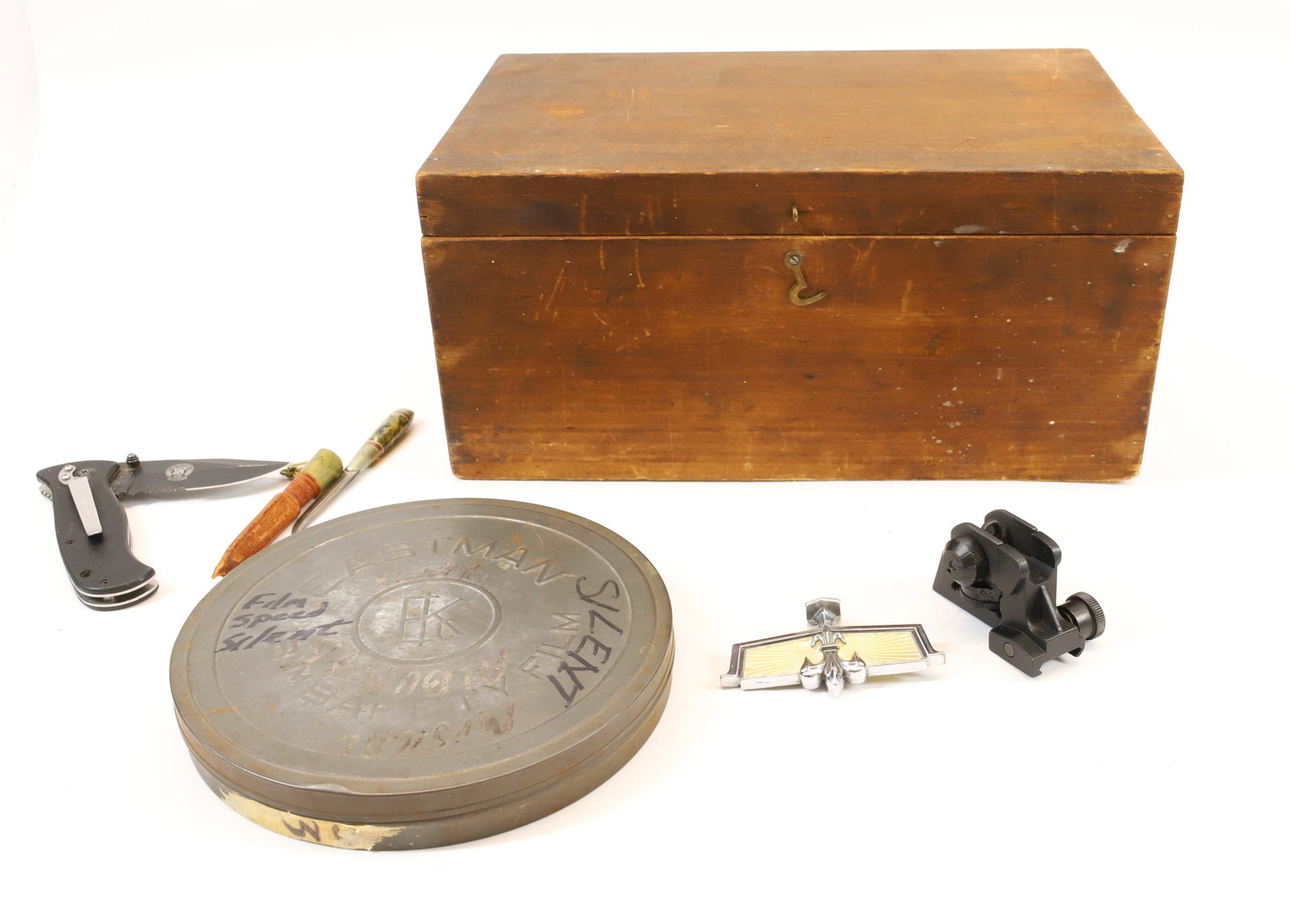 ANTIQUE WOODEN BOX AND CONTENTS: WOODEN LIFT LID BOX (13") - SILENT FILM, HOOD ORNAMENT. SMALL KNIFE, AND MORE PLEASE READ CAREFULLY - Terms for Purchasing and Shipping of Auction Items. Please read carefully before bidding. All paym
