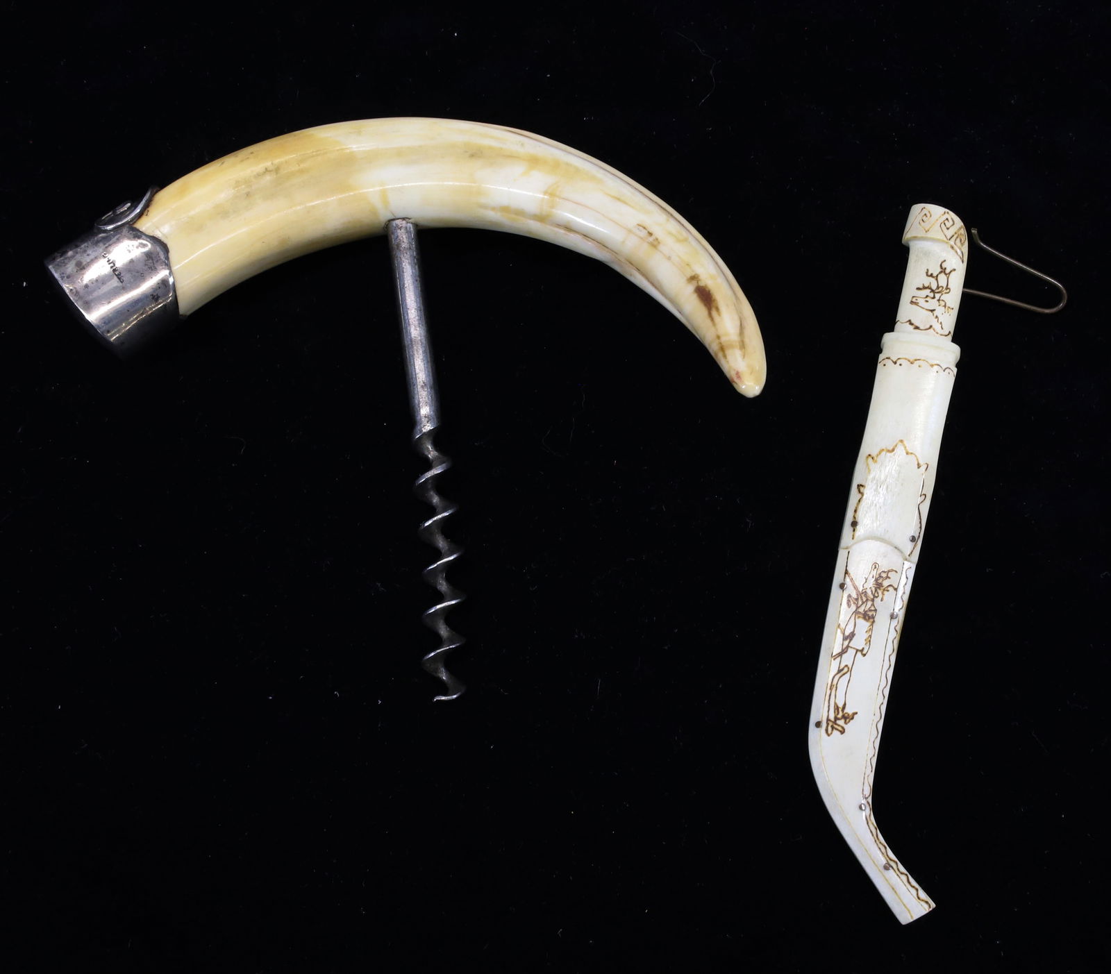 BONE CORKSCREW AND SMALL KNIFE/SHEATH: BONE WITH STERLING SILVER CAP 5 1/4" L. KNIFE HAS DECORATION ON HANDLE AND SHEATH. TOTAL LENGTH 5". PLEASE READ CAREFULLY - Terms for Purchasing and Shipping of Auction Items. Please read carefully be