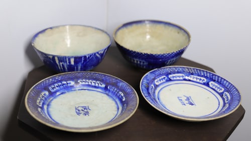 (2) ANTIQUE FOOTED BOWLS AND PLATES
