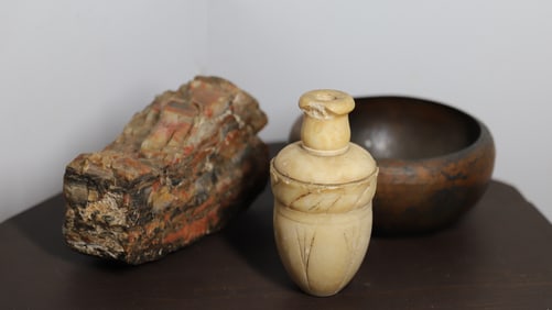 PETRIFIED WOOD, COPPER BOWL AND ALABASTER