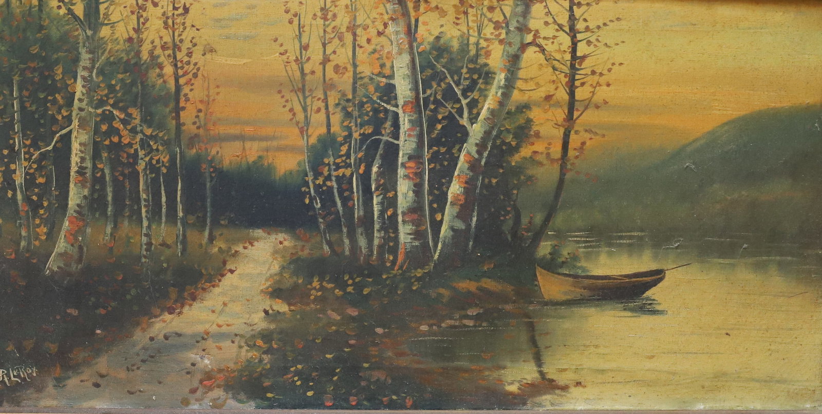 R. LEROY OIL ON CANVAS PAINTING: FALL LANDSCAPE OF PATH THROUGH WOODS ASIDE OF A LAKE WITH ROW BOAT AT SHORE. SGND. BOTTOM LEFT. GILT FRAME. SIGHT VIEW 11 3/4" X 23 3/4". PLEASE READ CAREFULLY – THIS IS AN ONLINE ONLY AND ONSIT