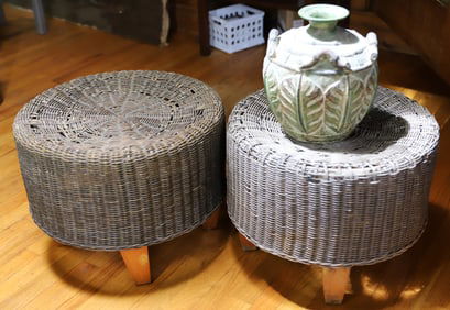 POTTERY VASE AND PAIR OF  OTTOMANS