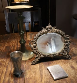 BRASS CANDLESTICK, CAST IRON MIRROR, ART NOUVEAU VASE