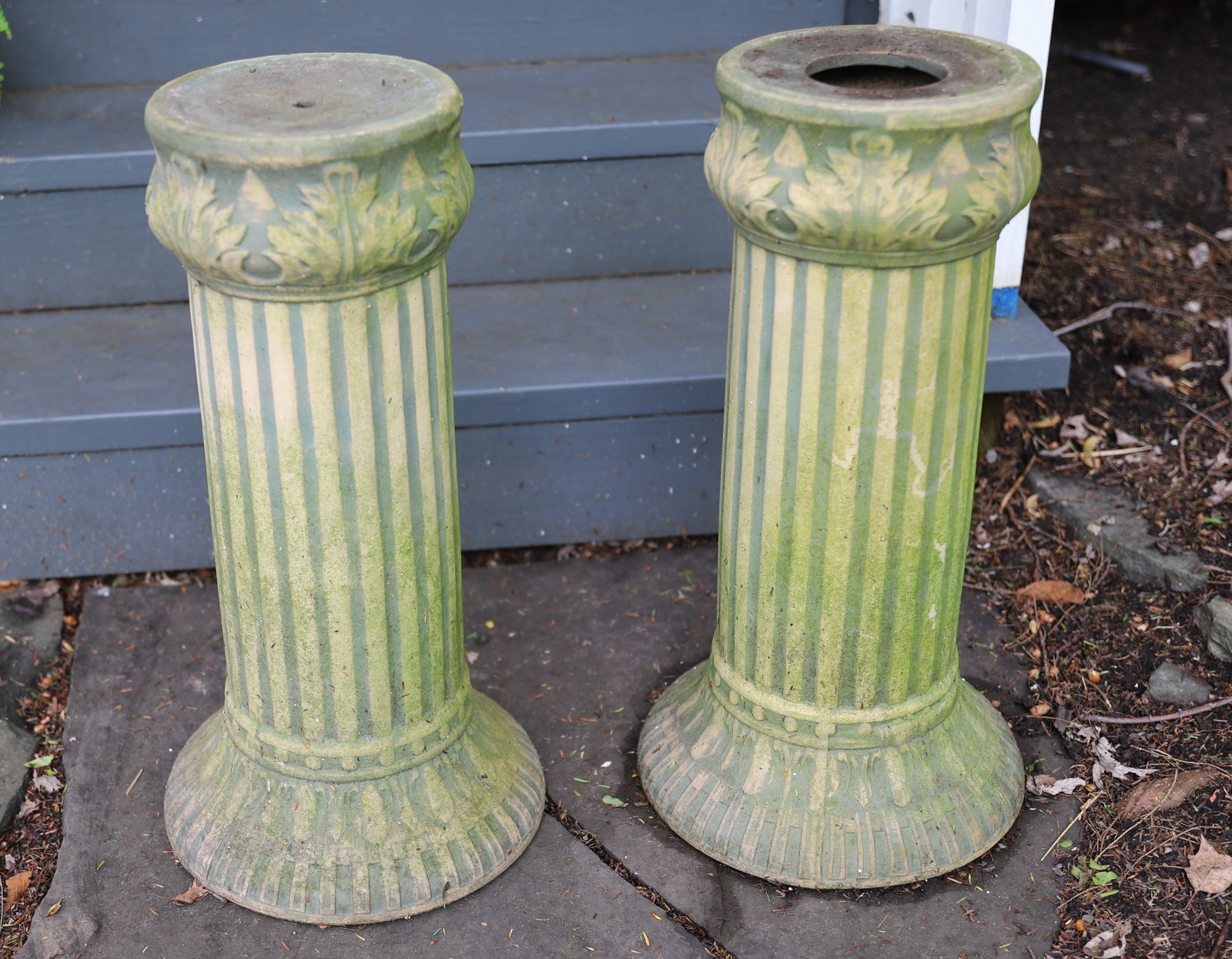 PR. OF POTTERY PEDESTALS: OLD BRUSHWARE ART POTTERY - 24 1/2" H PLEASE READ CAREFULLY – THIS IS AN ONLINE ONLY AND ONSITE AUCTION. THE ADDRESS WILL BE GIVEN AFTER THE AUCTION HAS ENDED AND TO ALL SUCCESSFUL BIDDERS. THE 