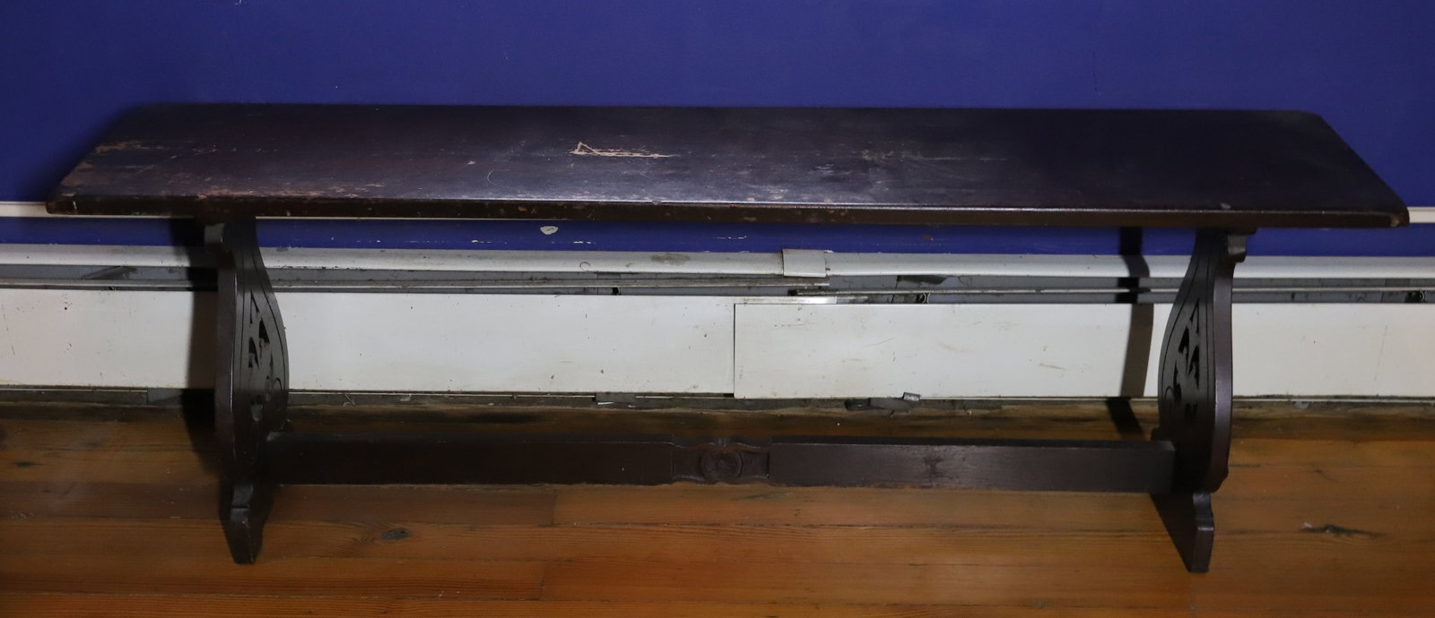 WOODEN BENCH: LYRE ENDS WITH MORTISSED CONSTRUCTION, 17" X 51" X 12" PLEASE READ CAREFULLY – THIS IS AN ONLINE ONLY AND ONSITE AUCTION. THE ADDRESS WILL BE GIVEN AFTER THE AUCTION HAS ENDED AND TO ALL SUCCESS