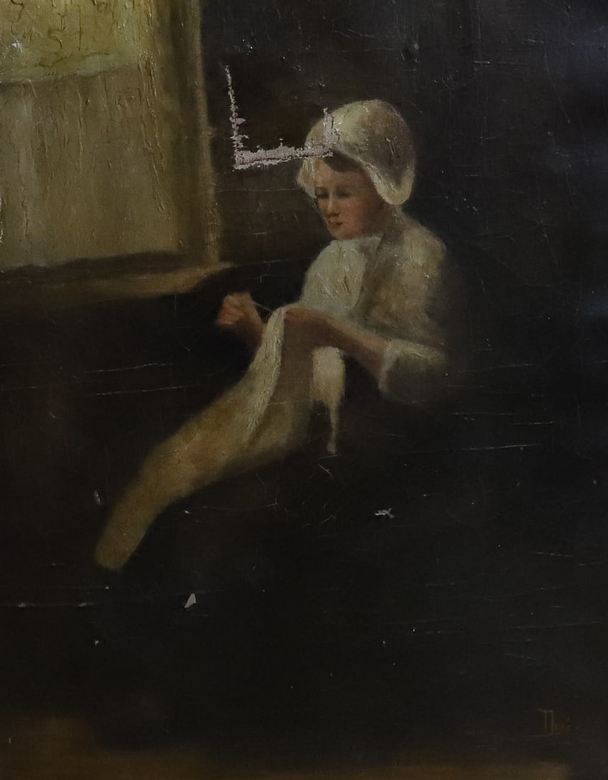 19TH CENTURY OIL ON CANVAS: SIGNED DORE, LOWER RIGHT, SEATED WOMAN SEWING, 20" X 16" PLEASE READ CAREFULLY – THIS IS AN ONLINE ONLY AND ONSITE AUCTION. THE ADDRESS WILL BE GIVEN AFTER THE AUCTION HAS ENDED AND TO ALL SUCCE