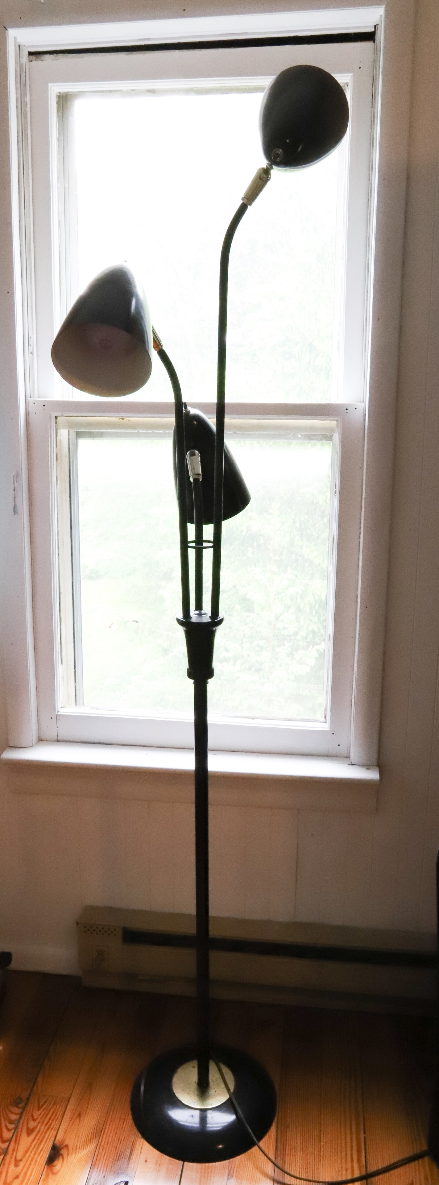 MID CENTURY MODERN LIGHT: BLACK PAINTED METAL, 3 SHADES - 64" H PLEASE READ CAREFULLY – THIS IS AN ONLINE ONLY AND ONSITE AUCTION. THE ADDRESS WILL BE GIVEN AFTER THE AUCTION HAS ENDED AND TO ALL SUCCESSFUL BIDDERS. THE 