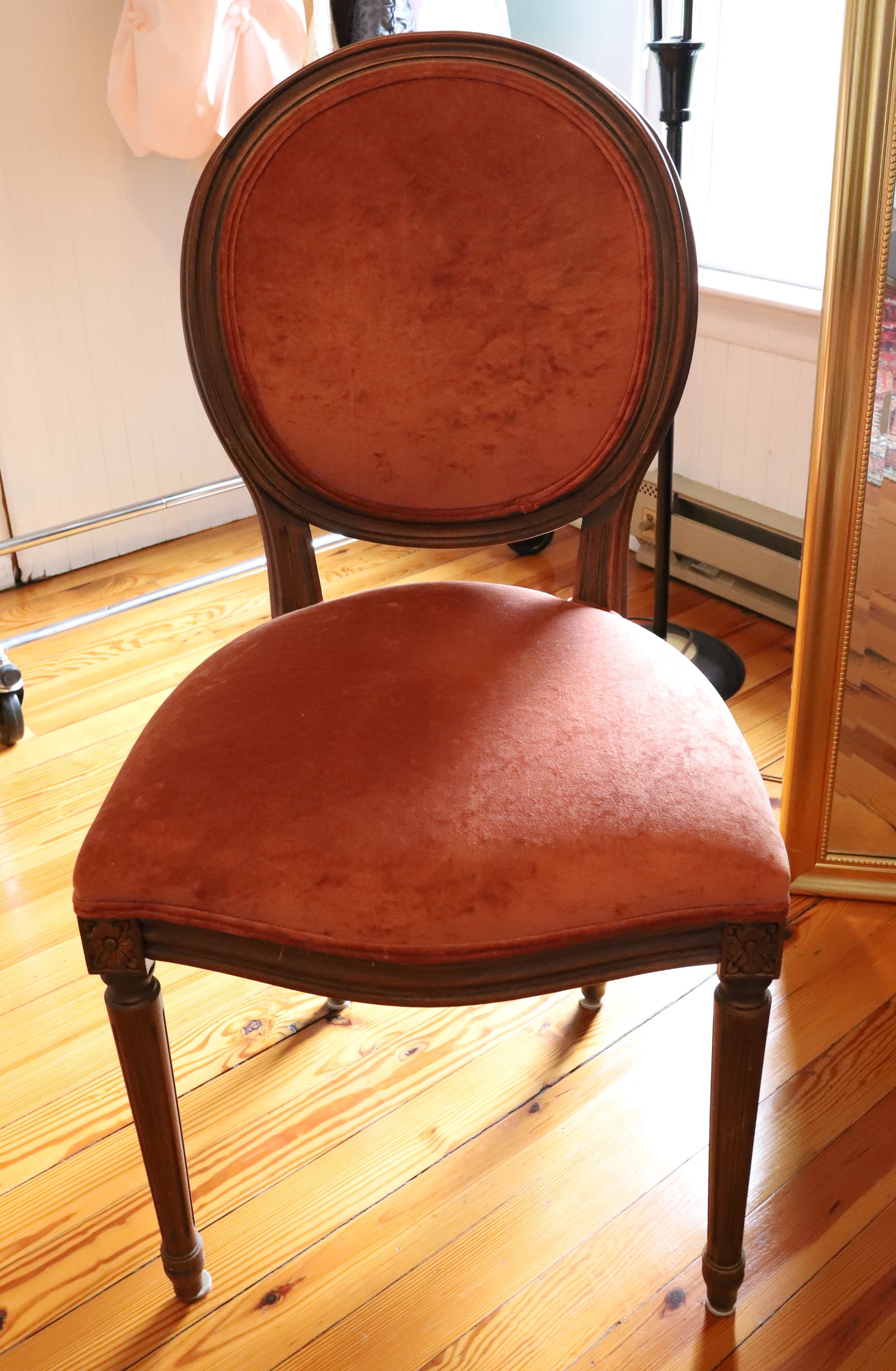 UPHOLSTERED SIDE CHAIR: VELVET SEAT AND BACK. 38" X 20" X 18". PLEASE READ CAREFULLY – THIS IS AN ONLINE ONLY AND ONSITE AUCTION. THE ADDRESS WILL BE GIVEN AFTER THE AUCTION HAS ENDED AND TO ALL SUCCESSFUL BIDDERS. THE