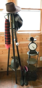 ARTS AND CRAFT CLOTHES TREE, VASE, SCALE AND MORE