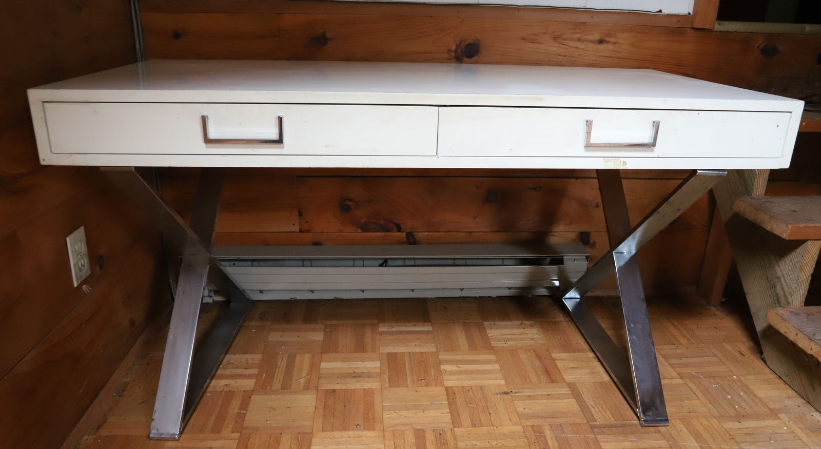 VINTAGE MILO BAUGHMAN CAMPAIGN DESK: MILO BAUGHMAN/ THAYER COGGIN LACQUERED WOOD WITH CHROME "X" LEGS AND DROP DRAWER PULLS. UNMARKED. 28 1/2" X 54" X 24". PLEASE READ CAREFULLY – THIS IS AN ONLINE ONLY AND ONSITE AUCTION. THE ADDR