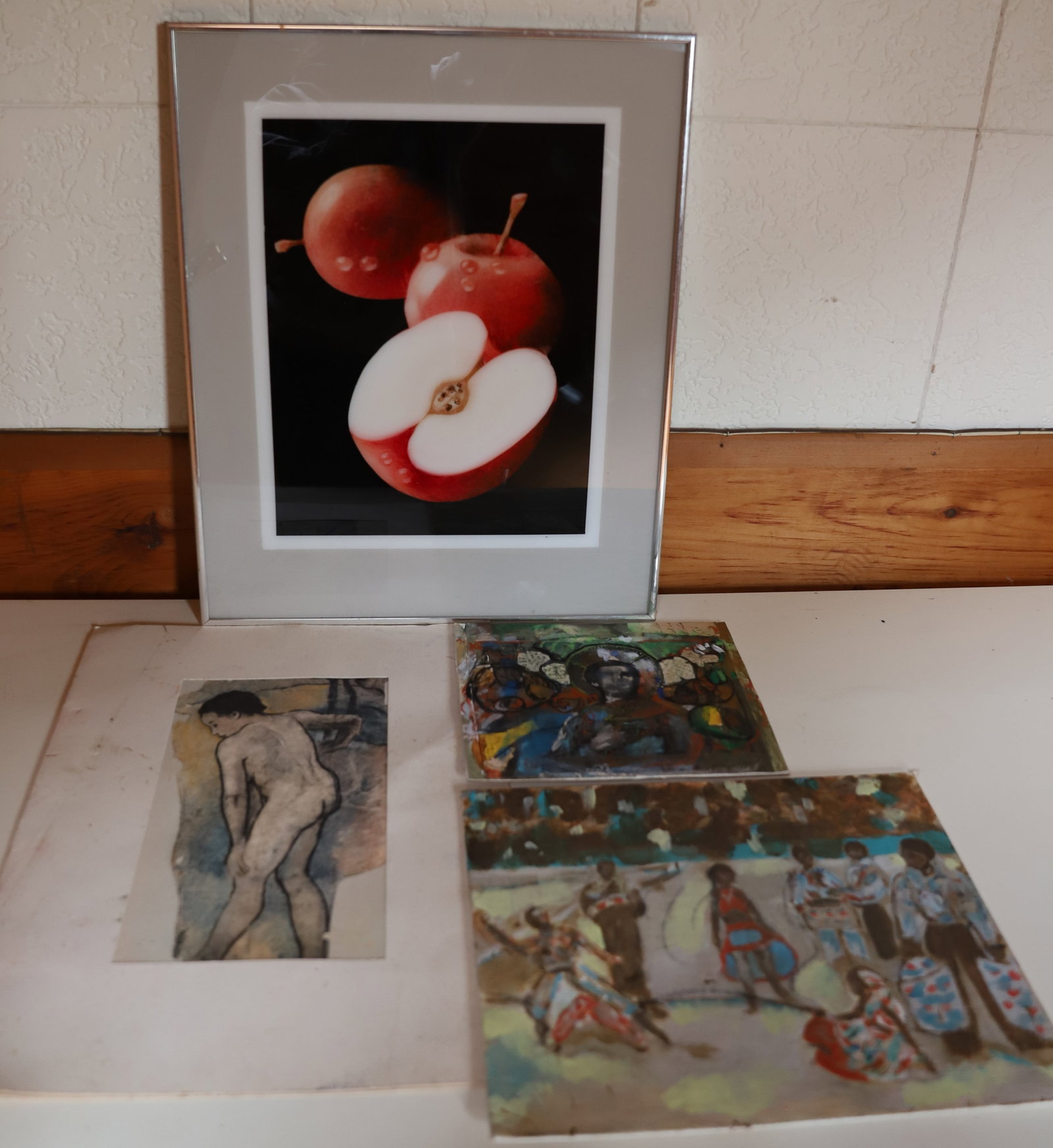 LOT OF VINTAGE ARTWORK: FRAMED PHOTOGRAPH OF APPLES, NUDE WOMAN, OIL/CANVAS DANCERS AND MULTI-MEDIUM RELIGIOUS THEMED PIECE. PLEASE READ CAREFULLY – THIS IS AN ONLINE ONLY AND ONSITE AUCTION. THE ADDRESS WILL BE GIVEN 