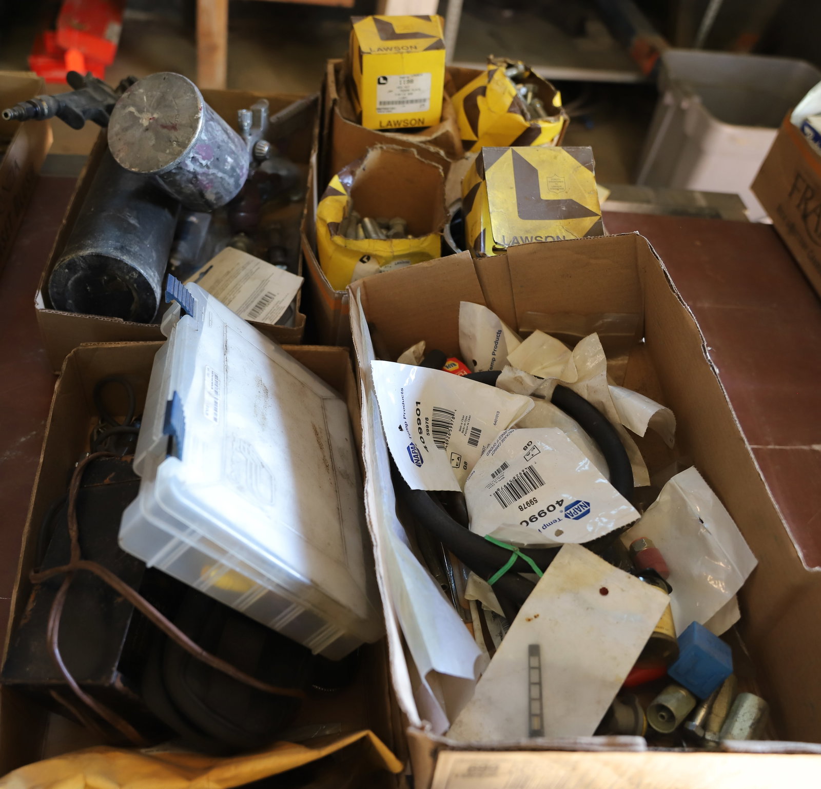 LOT OF AUTOMOTIVE PARTS: LAWSON NUTS/BOLTS, NAPA PARTS, TEST LEADS, SHOCK BOLT AND BUSHING KIT AND MORE. SEE PHOTOS. Terms: PLEASE READ CAREFULLY - Terms for Purchasing and Shipping of Auction Items. Please read carefully bef