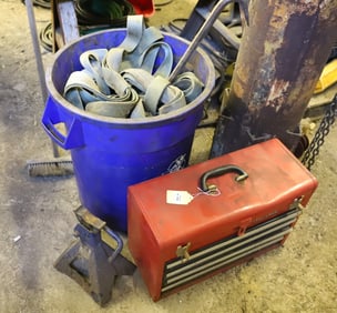 LOT OF STRAPPING, JACK STAND, TOOLS AND RED TOOL BOX