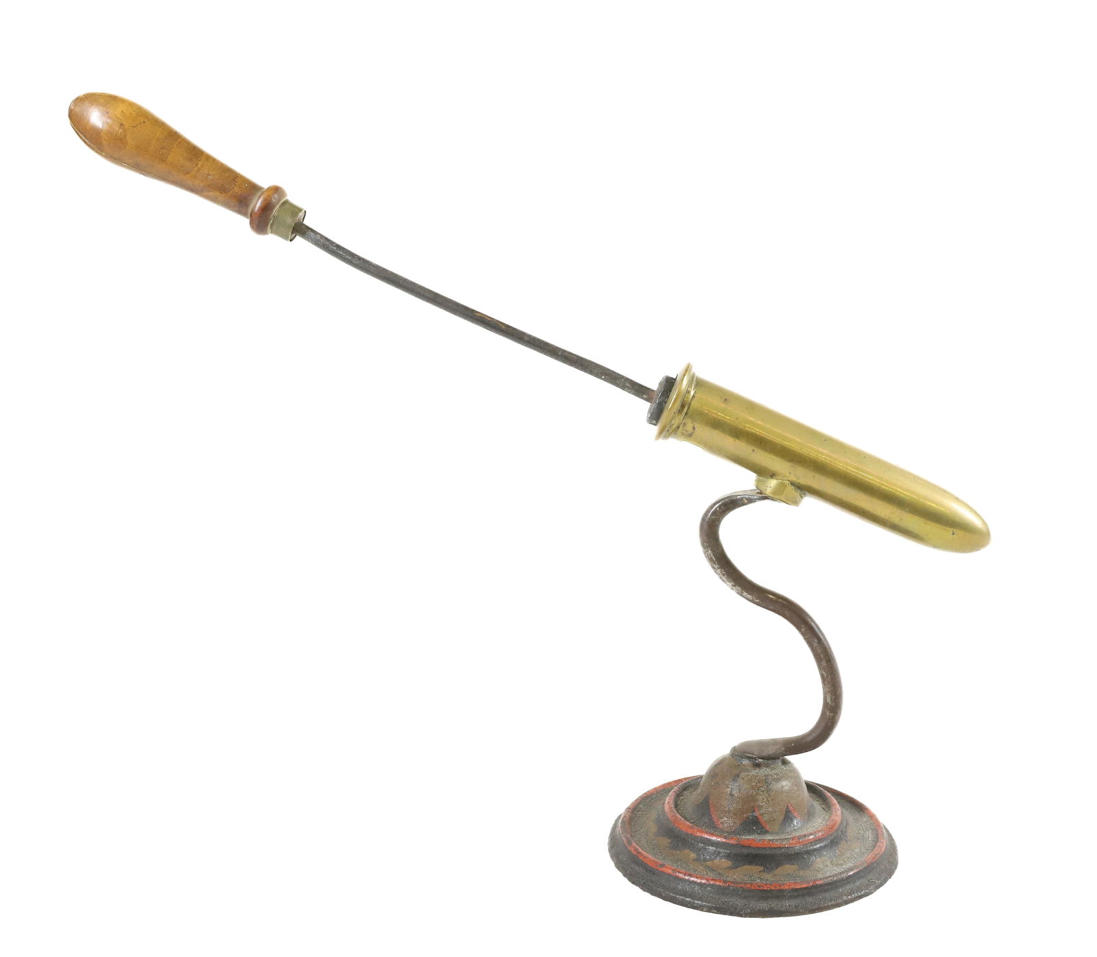 ENGLISH GOFFERING IRON: SINGLE BARREL IRON ON "S" WROUGHT IRON POST. POKING STICK. 5 1/2" BARREL. 8 1/2" TALL. PAINTED BASE. PLEASE READ CAREFULLY - Terms for Purchasing and Shipping of Auction Items. Please read carefully b