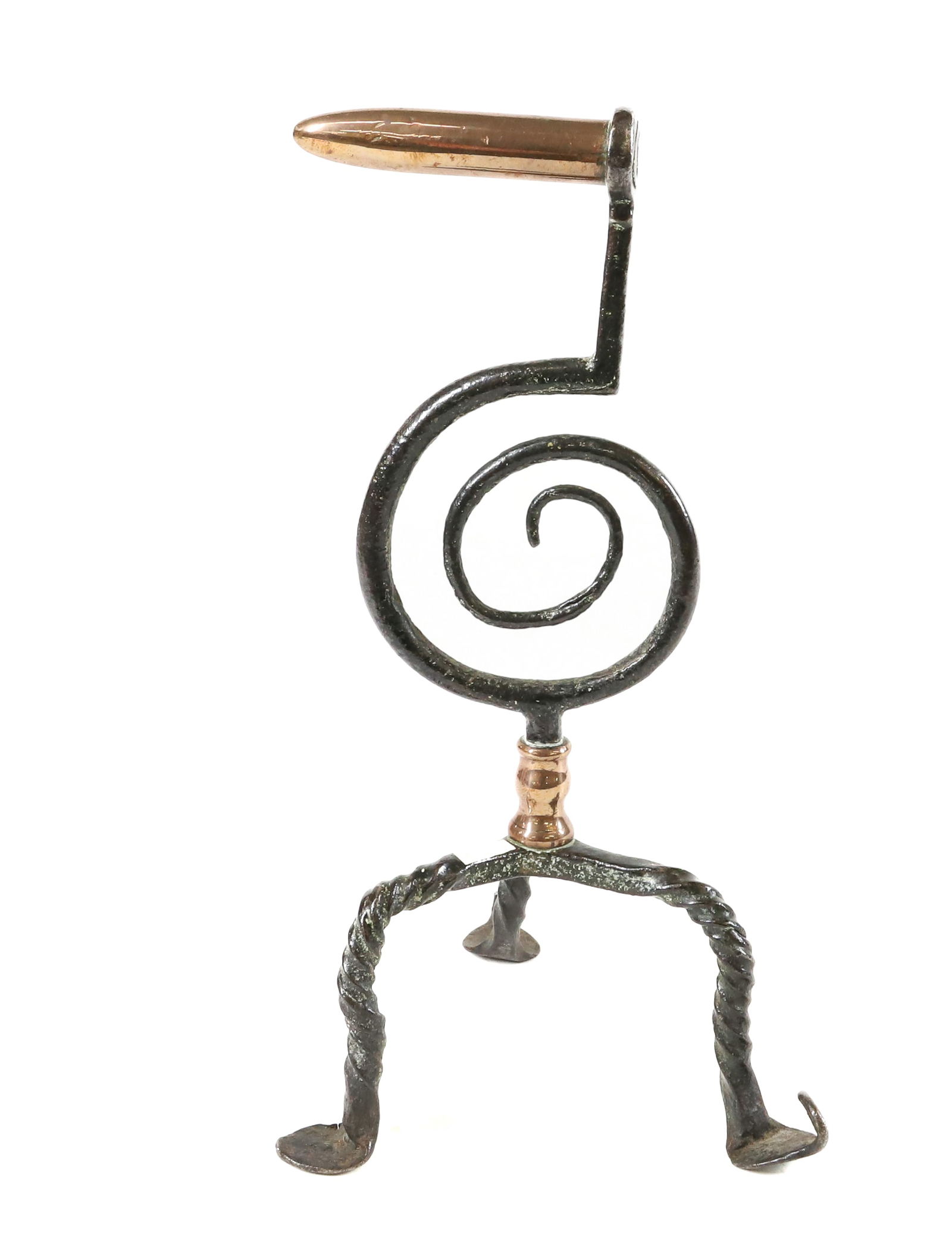 ENGLISH GOFFERING IRON: SINGLE BARREL COPPER IRON WITH HAND WROUGHT MONKEY TAIL DESIGN ON TRIPOD BASE. 2 1/2" BARREL. 8" H. PLEASE READ CAREFULLY - Terms for Purchasing and Shipping of Auction Items. Please read carefully be