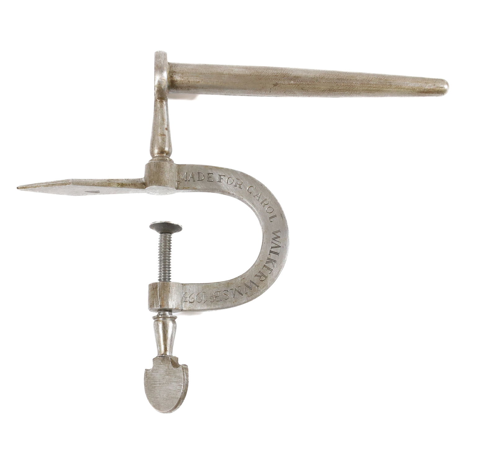 CLAMP-ON GOFFERING IRON: MADE FOR CAROL WALKER IN WILLIAMSBURG, VA BLACKSMITH SHOP. BARREL 5 3/8" L. PLEASE READ CAREFULLY - Terms for Purchasing and Shipping of Auction Items. Please read carefully before bidding. All paymen