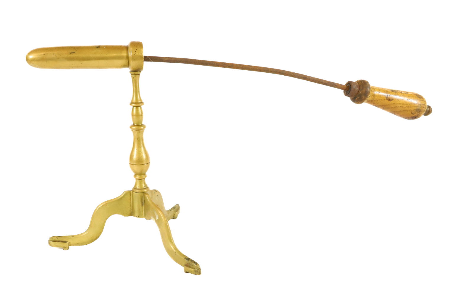 ENGLISH BRASS GOFFERING IRON: SOLID BRASS WITH TRIPOD BASE, SHOE FEET, TURNED COLUMN. 5" BRASS BARREL WITH HEATING ROD. PLEASE READ CAREFULLY - Terms for Purchasing and Shipping of Auction Items. Please read carefully before biddi