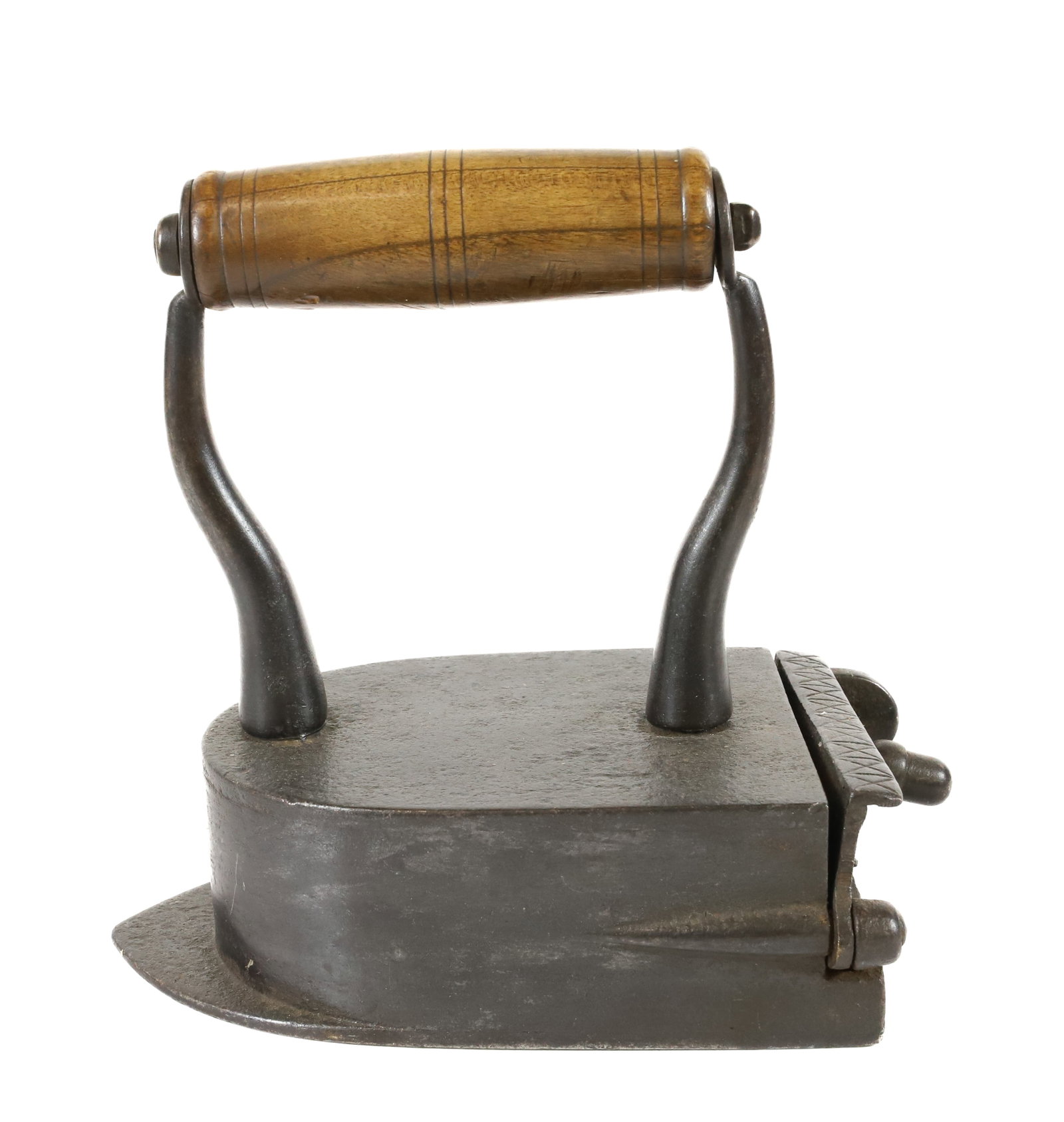 EARLY FRENCH BOX IRON: COLD NOSE WITH ACORN KNOB ON SWING GATE, CURVED POSTS. 7 1/2" L. PLEASE READ CAREFULLY - Terms for Purchasing and Shipping of Auction Items. Please read carefully before bidding. All payments for purc