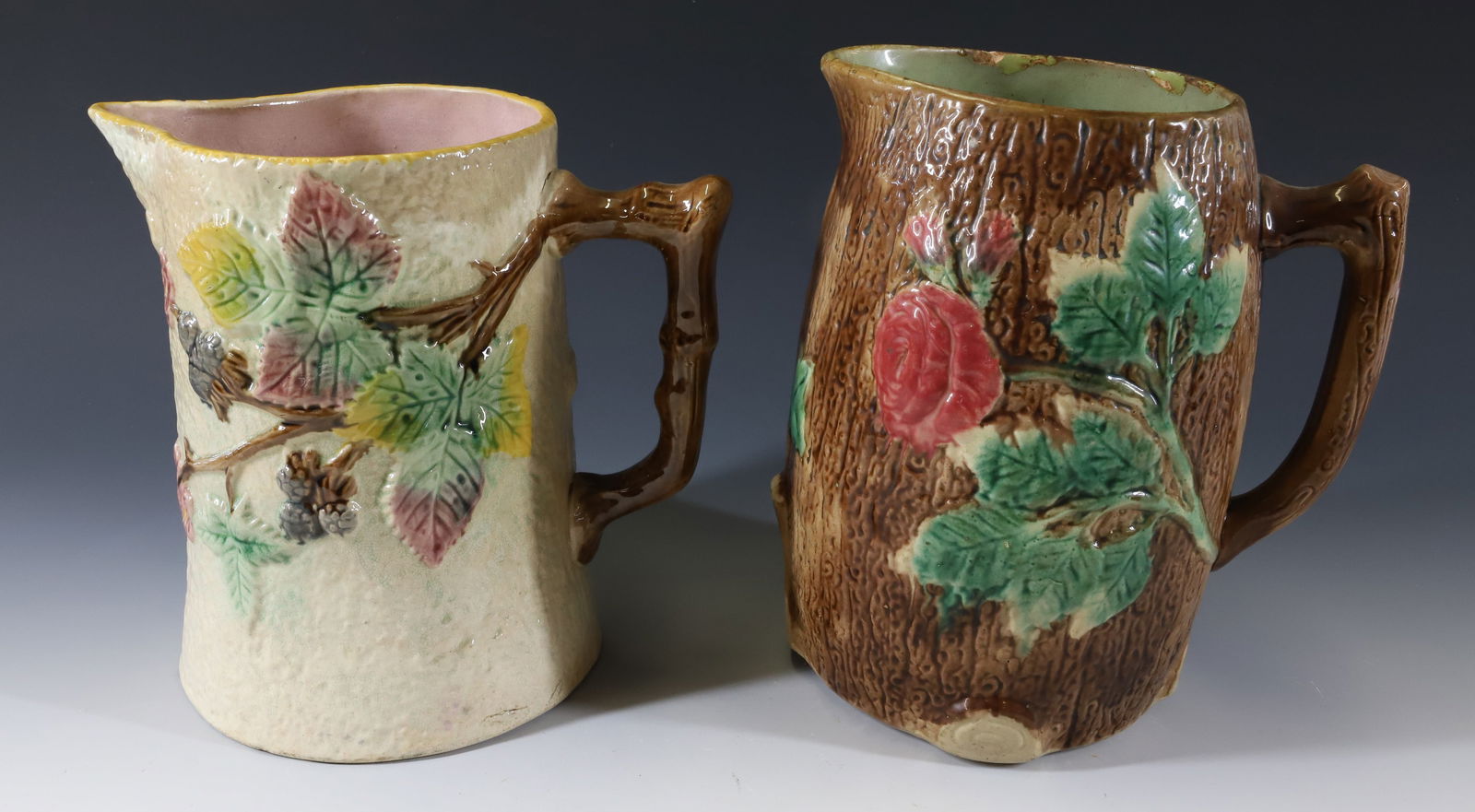 (2) LARGE MAJOLICA PITCHERS (1 of 10)