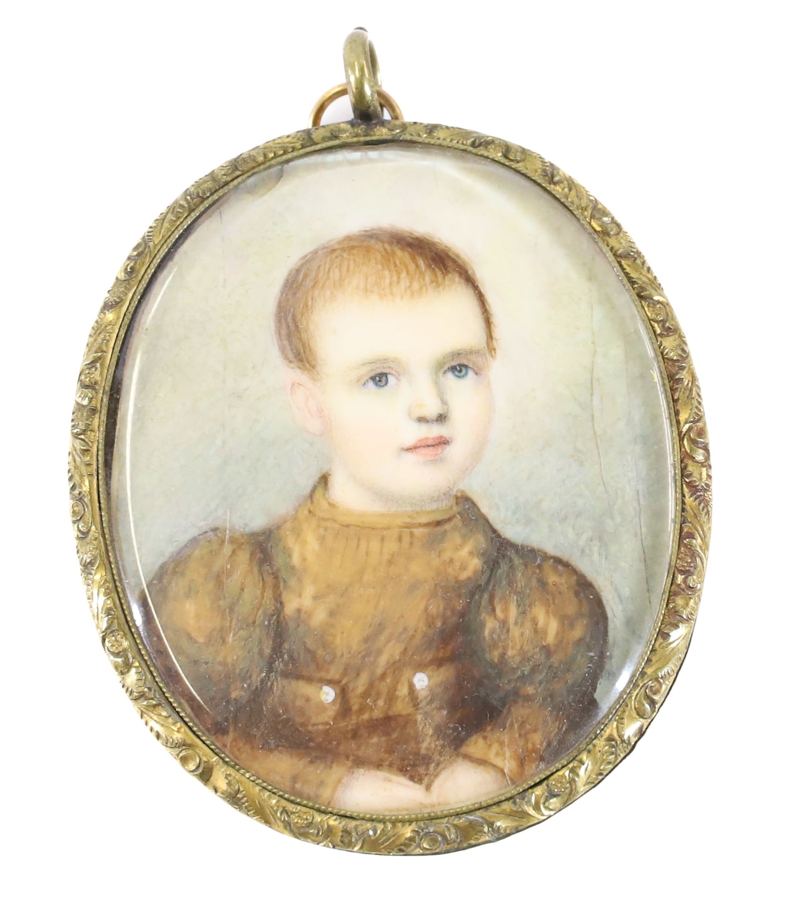 19TH C. MINIATURE PORTRAIT OF A CHILD: OVAL PORTRAIT ON BONE IN BRASS FRAME. SOLID BACK WITH GLASS INSERT OVER HAIR SAMPLE. ENGRAVED ON BACK "JAMES H. MELVIN, APRIL 9TH, 1837, 17 MONTHS". 2 3/8" X 1 7/8". TERMS: PLEASE READ CAREFULLY - Ter