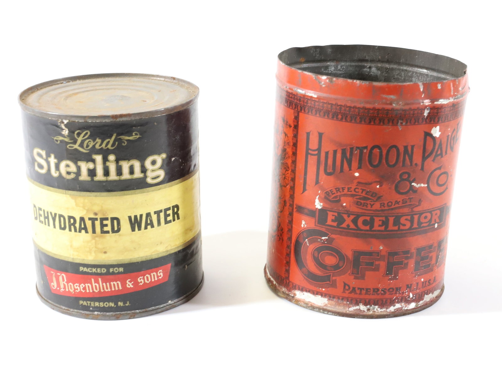 (2) PATERSON, NJ ADVERTISING TINS: HUNTOON, PAIGE & CO., EXCELSIOR COFFEE 5 1/4" H. (NO LID) AND LORD STERLING "DEHYDRATED WATER" JOKE CAN. TERMS: PLEASE READ CAREFULLY - Terms for Purchasing and Shipping of Auction Items. Please read 