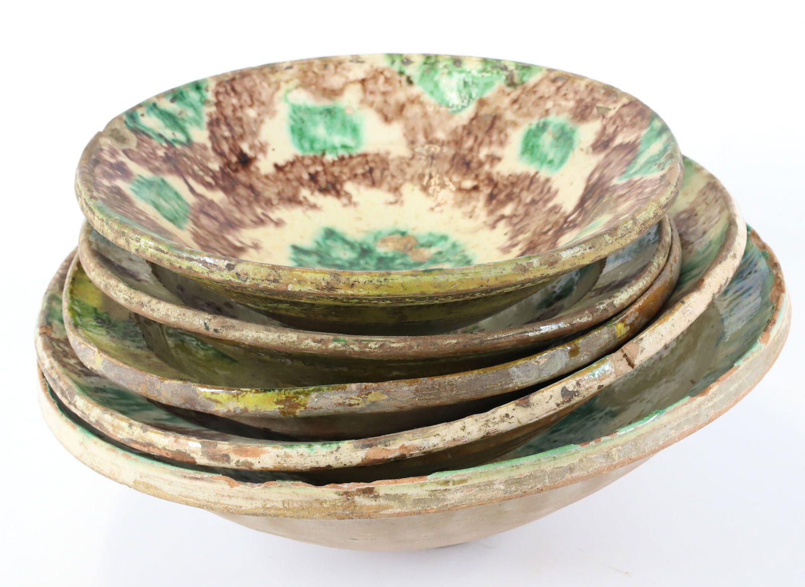 LOT OF REDWARE DECORATED BOWLS: POTTERY BOWLS WITH BROWN/GREEN/YELLOW SPONGED DECORATION. FOOTED BASES. 9 1/2" TO 12 1/2" D. TERMS: PLEASE READ CAREFULLY - Terms for Purchasing and Shipping of Auction Items. Please read carefully be