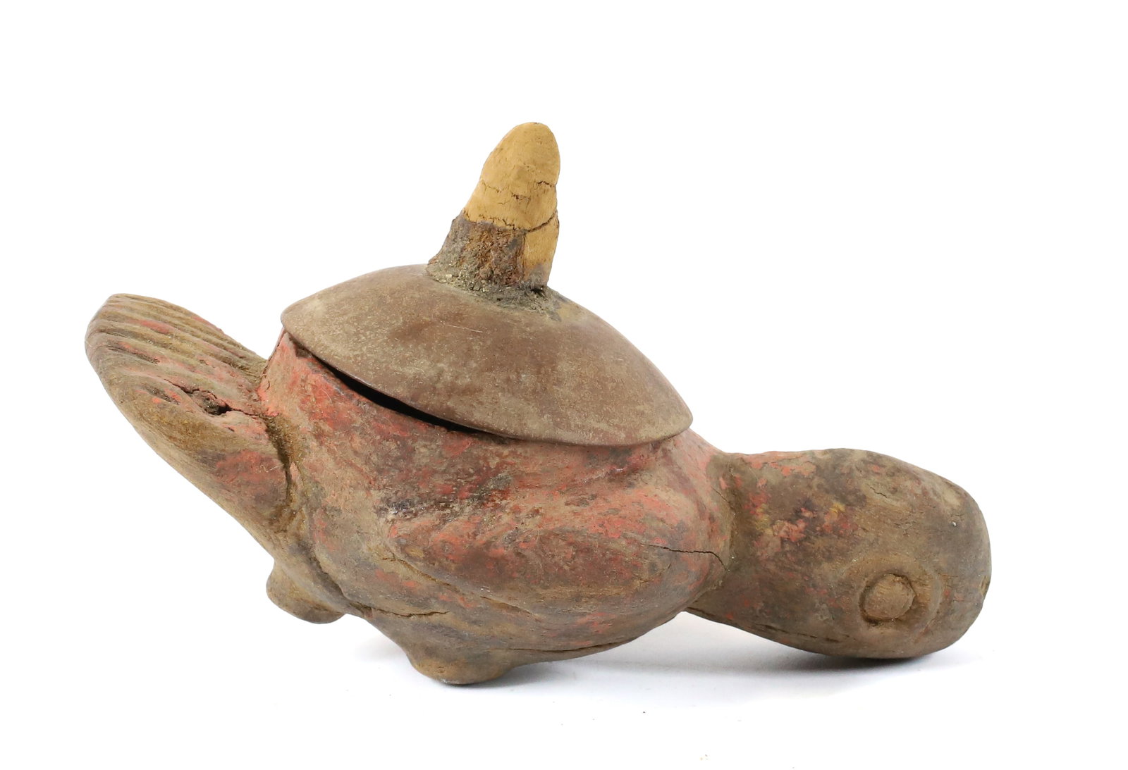PRE-COLUMBIAN CHANCAY PARROT WOODEN PAINT CONTAINER: PERU. CA. 1100-1450 AD. WITH COA. FROM COLLECTION OF FRANK TAPIA, NY, NY. 4 3/4" L. TERMS: PLEASE READ CAREFULLY - Terms for Purchasing and Shipping of Auction Items. Please read carefully before bidd