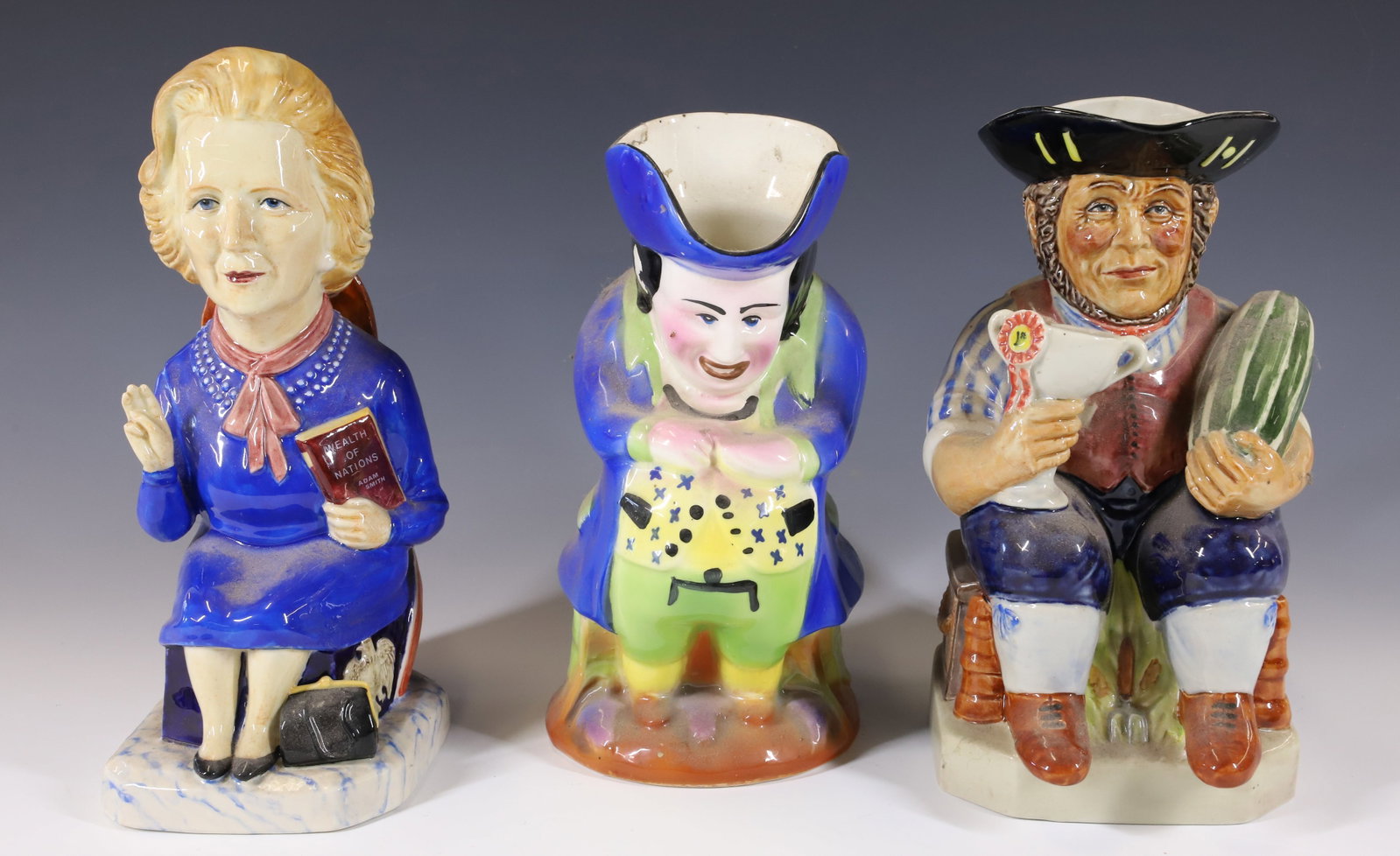 LOT OF (3) TOBY JUGS: INCLUDING: TWO KEVIN FRANCIS JUGS (MARGARET THATCHER AND THE GARDENER) WITH UNMARKED EXAMPLE. 8" TO 9" HEIGHTS. TERMS: PLEASE READ CAREFULLY - Terms for Purchasing and Shipping of Auction Items. Pleas