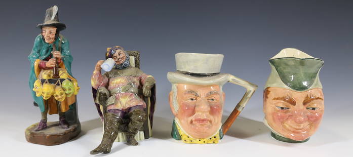 (2) ROYAL DOULTON FIGURES AND (2) TOBY MUGS: "THE FOAMING QUART" 1954 AND "THE MASK SELLER" 1952. 5 1/4 AND 8 1/2" HEIGHTS. WITH, MR. JOHN BULL AND PUCK MUGS BY SANDLAND WARE. TERMS: PLEASE READ CAREFULLY - Terms for Purchasing and Shipping of A