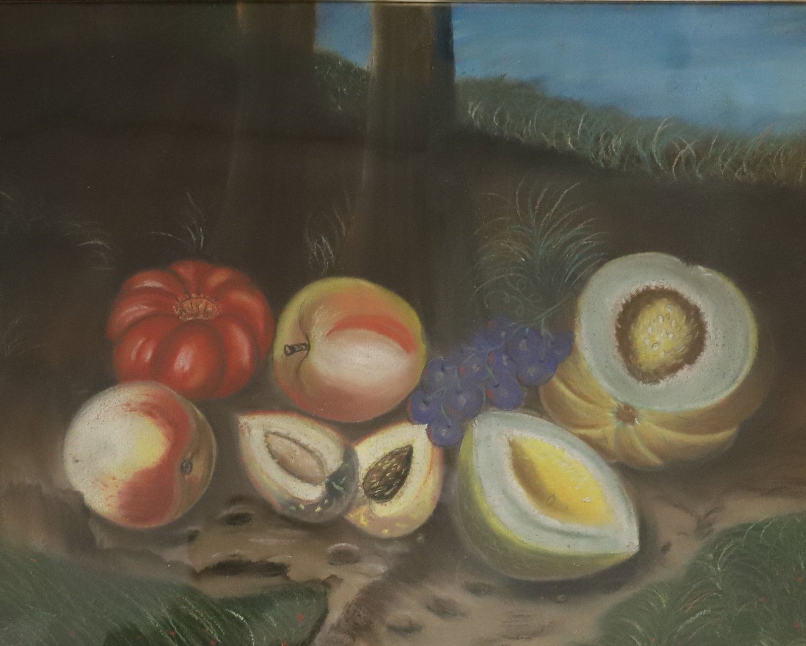 ANTIQUE STILL LIFE OF FRUIT: APPEARS TO BE PASTEL ON CANVAS OR PAPER. FRAMED UNDER GLASS. SIGHT VIEW 13 1/2" X 17 1/2". TERMS: PLEASE READ CAREFULLY - Terms for Purchasing and Shipping of Auction Items. Please read carefully befo