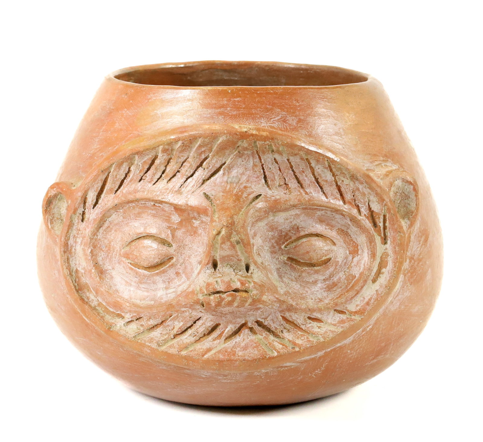PRE-COLUMBIAN HEAD FACE BOWL: DARK RED COLOR. SOUTH AMERICA, INCAN 1300 A.D. TO 1432 A.D. TL TESTED. 5" D. COA AND PROVENANCE. TERMS: PLEASE READ CAREFULLY - Terms for Purchasing and Shipping of Auction Items. Please read carefull