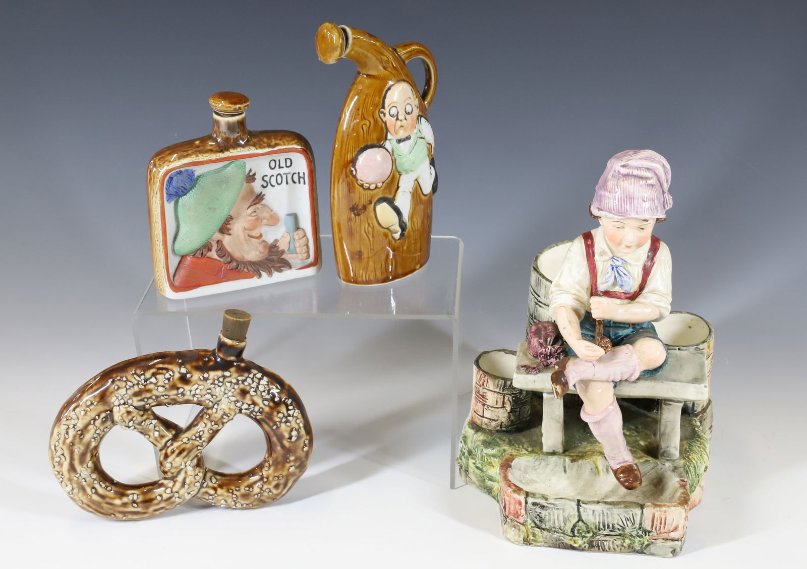 LOT OF GERMAN PORCELAIN FLASKS AND SMOKING FIGURE (1 of 7)