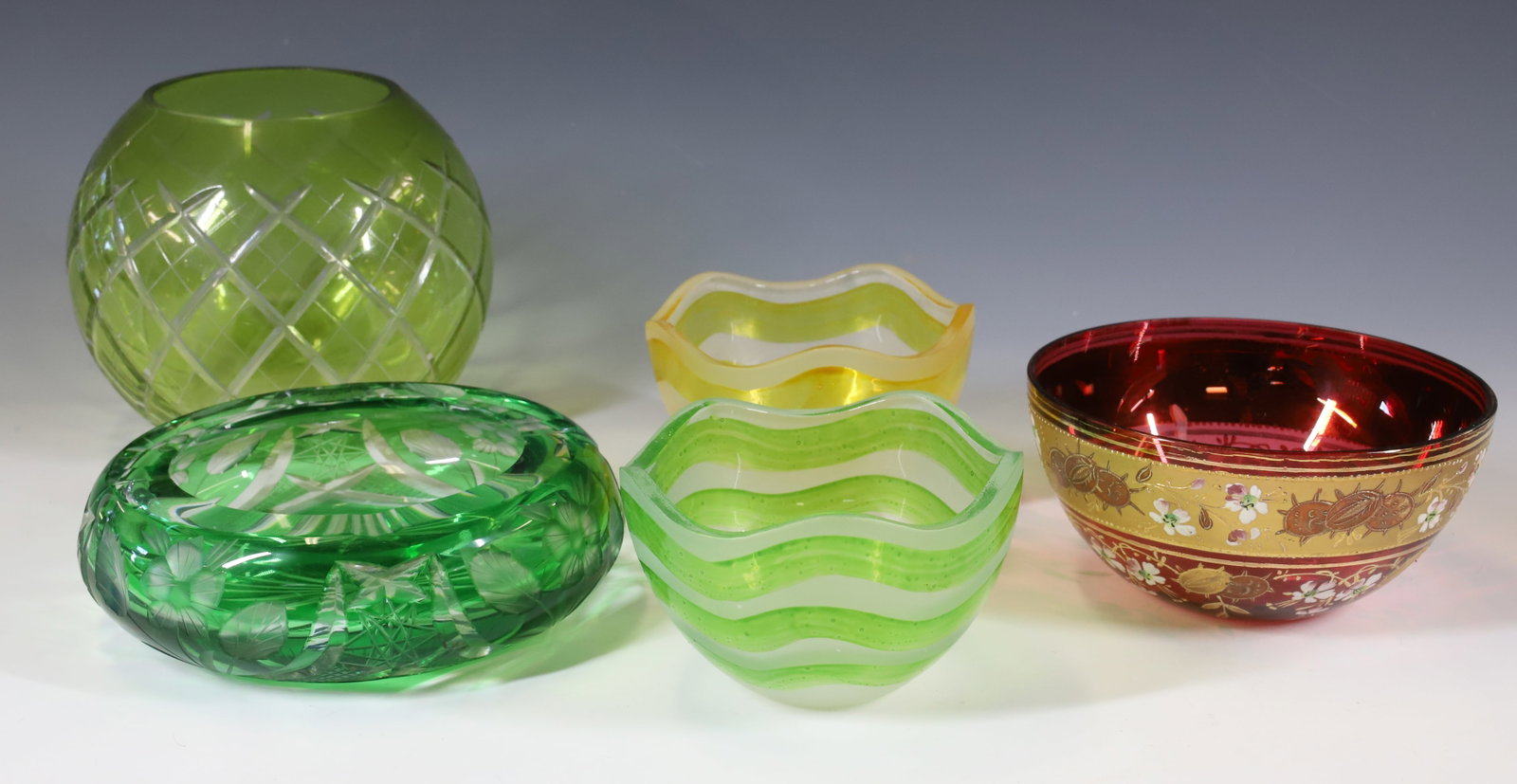 LOT OF GLASSWARE: CUT TO CLEAR ASHTRAY 6" (CHIP UNDER RIM), LIGHT GREEN ROSE BOWL WITH CUT TO CLEAR DECORATION AND MORE. TERMS: PLEASE READ CAREFULLY - Terms for Purchasing and Shipping of Auction Items. Please read ca