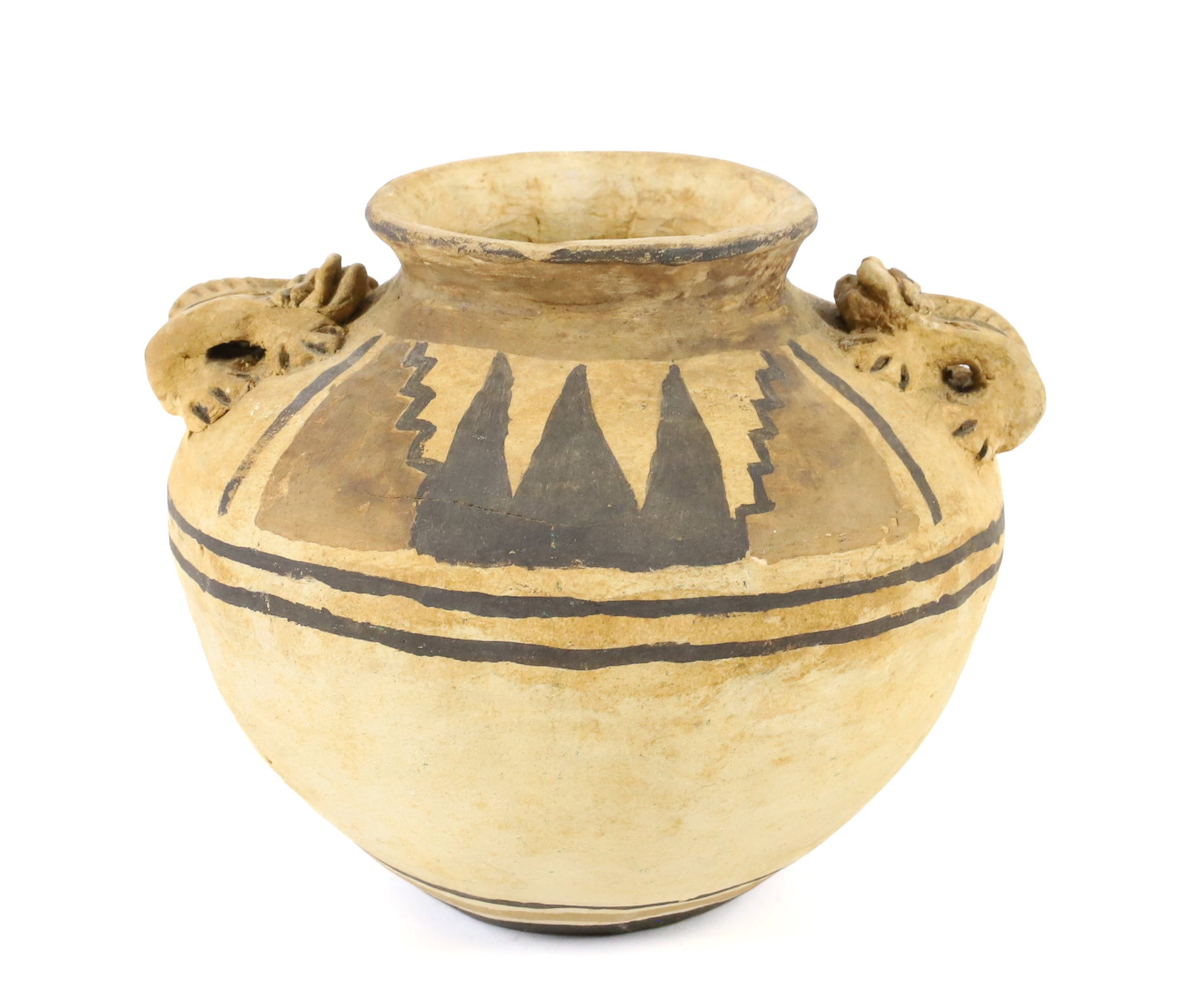 DECORATED POT, SGND. D. CAUSEY: SQUATTY POT WITH FROG SHAPED HANDLES ON EITHER SIDE. BLACK/TAN DECORATION. 4" X 4 1/2". MRKD. ON BOTTOM. TERMS: PLEASE READ CAREFULLY - Terms for Purchasing and Shipping of Auction Items. Please read 