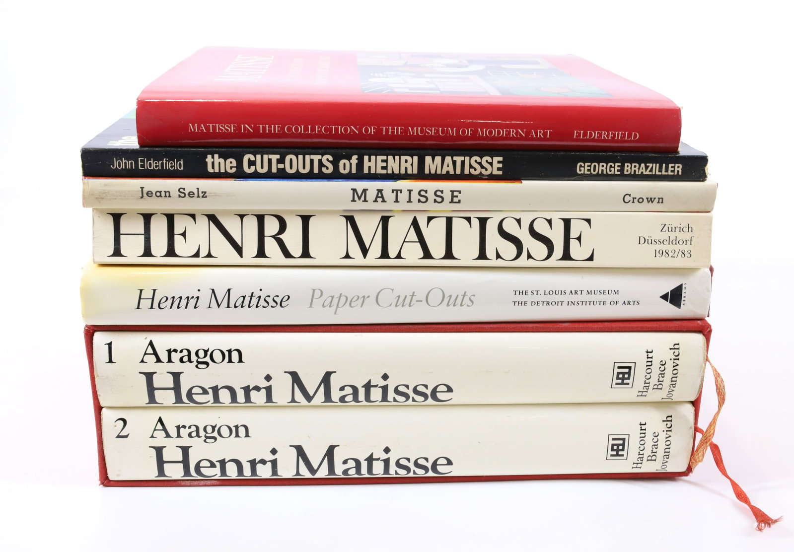 LOT OF HENRI MATISSE BOOKS: (7) INCLUDING: MATISSE, IN THE COLLECTION OF THE MUSEUM OF MODERN ART (1978), HENRI MATISSE PAPER CUT-OUTS (1977), THE CUT-OUTS OF HENRI MATISSE (JOHN ELDERFIELD, 1978), HENRI MATISSE BY JEAN SELZ, HE