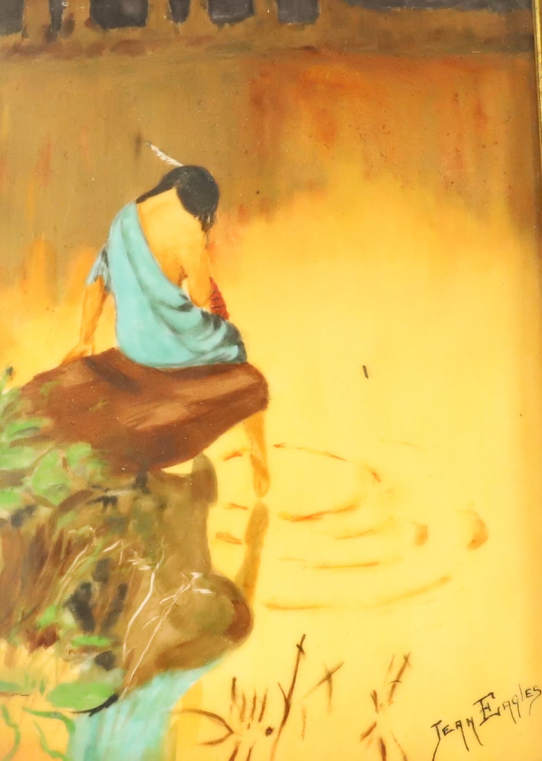 FRAMED PAINTING ON LIMOGES PORCELAIN: NATIVE AMERICAN DIPPING TOE IN WATER. SGND. JEAN EAGLES. 7 1/2" X 5 1/2". TERMS: PLEASE READ CAREFULLY - Terms for Purchasing and Shipping of Auction Items. Please read carefully before bidding. All p