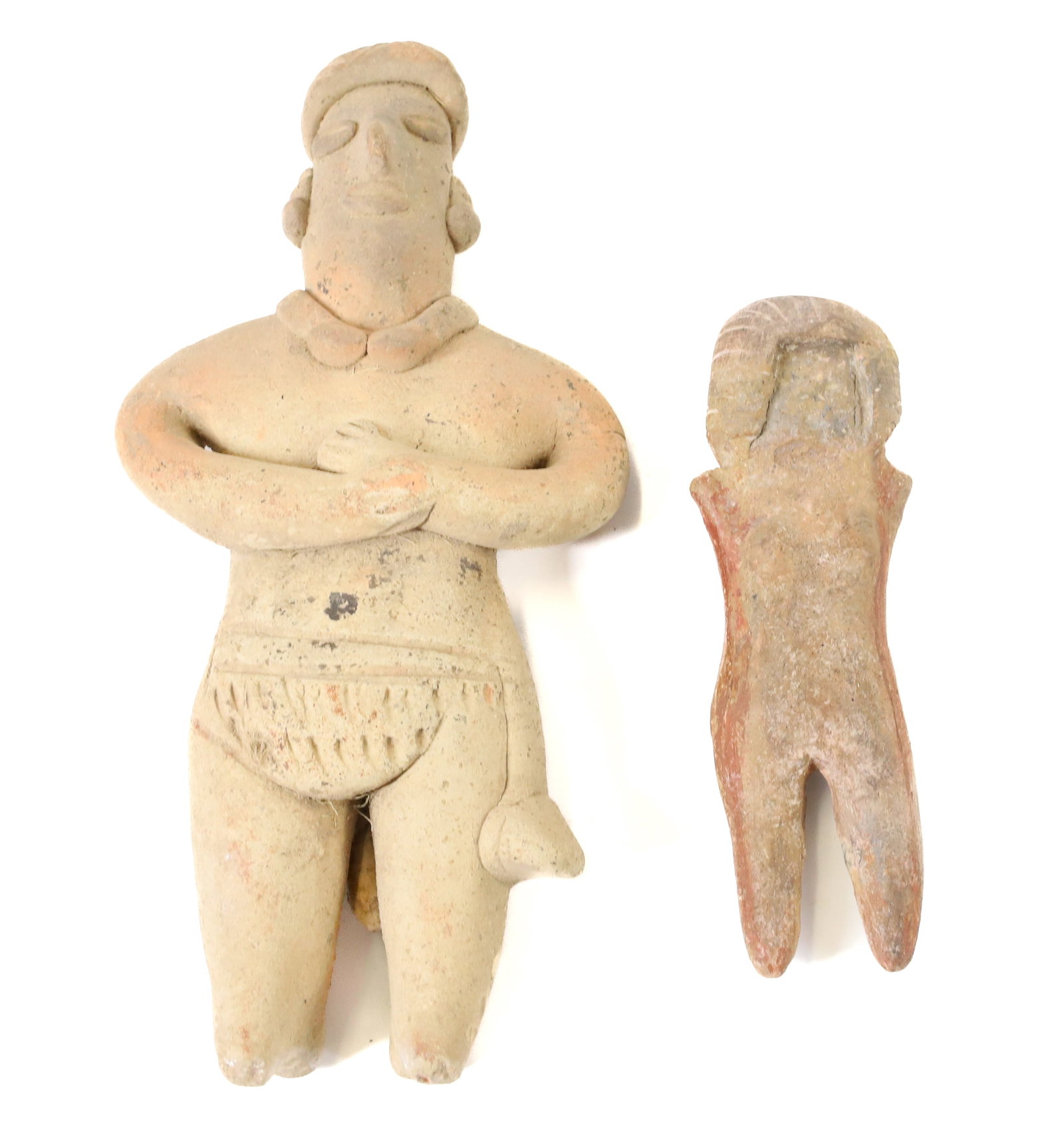 LOT OF PRE-COLUMBIAN FIGURES: LARGER MALE FLAT FIGURE WITH EARRINGS, ARMS CROSSED. 5 1/2" L. SMALLER HAS RED PAINTED BODY. 3 1/2" L. TERMS: PLEASE READ CAREFULLY - Terms for Purchasing and Shipping of Auction Items. Please read ca