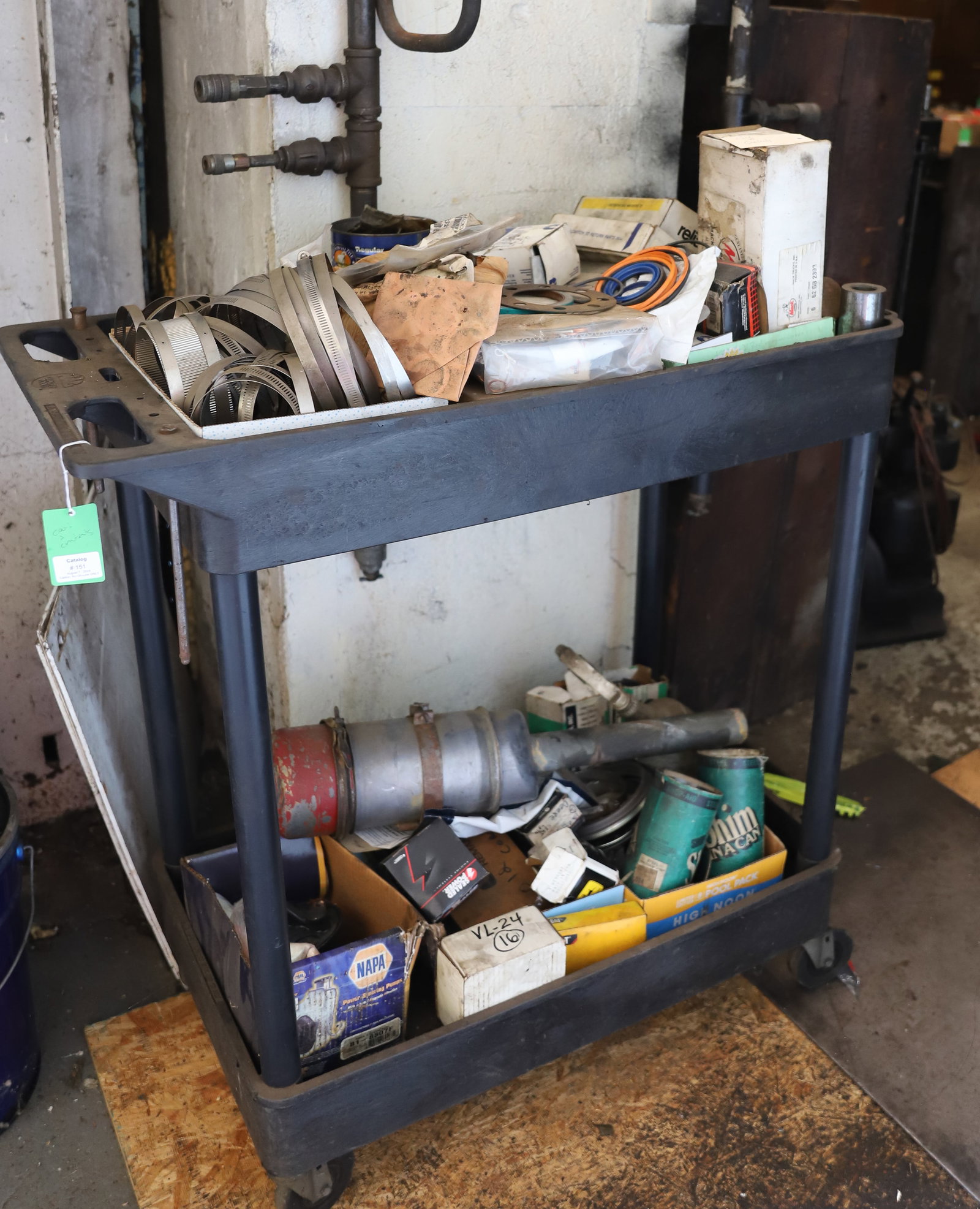 PLASTIC CART AND CONTENTS: VARIOUS PARTS. CART 36" L. PLEASE READ CAREFULLY - THIS IS AN ONLINE AND ABSENTEE BID ONLY AUCTION. THERE WILL BE A PREVIEW ON SATURDAY AUGUST 17TH FROM 9:00 AM TILL 1:00 PM TO VIEW THE AUCTION. AT TH