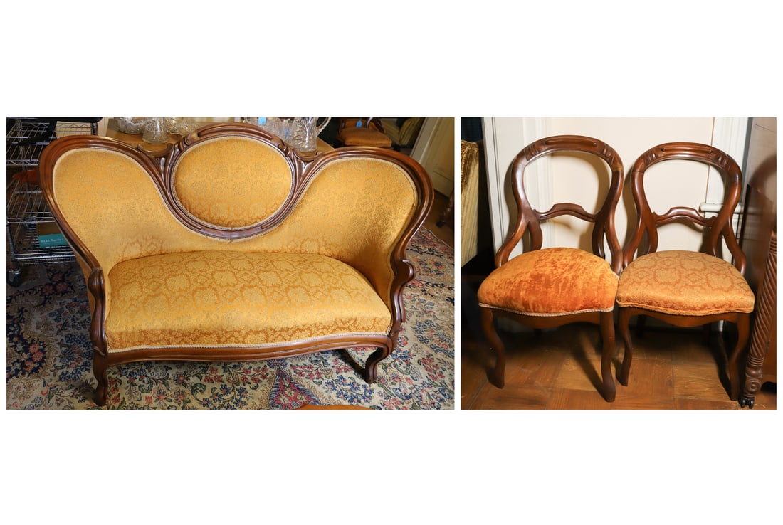 VICTORIAN MEDALLION BACK SETTEE AND TWO CHAIRS: GOLD COLOR UPHOLSTERY AND REFINISHED 35"X 60" , 34 1/2" X 18" PLEASE READ CAREFULLY – THIS IS AN ONSITE ONLINE ONLY AUCTION. The Address is 206 Market St. Bangor, Pa. 18013