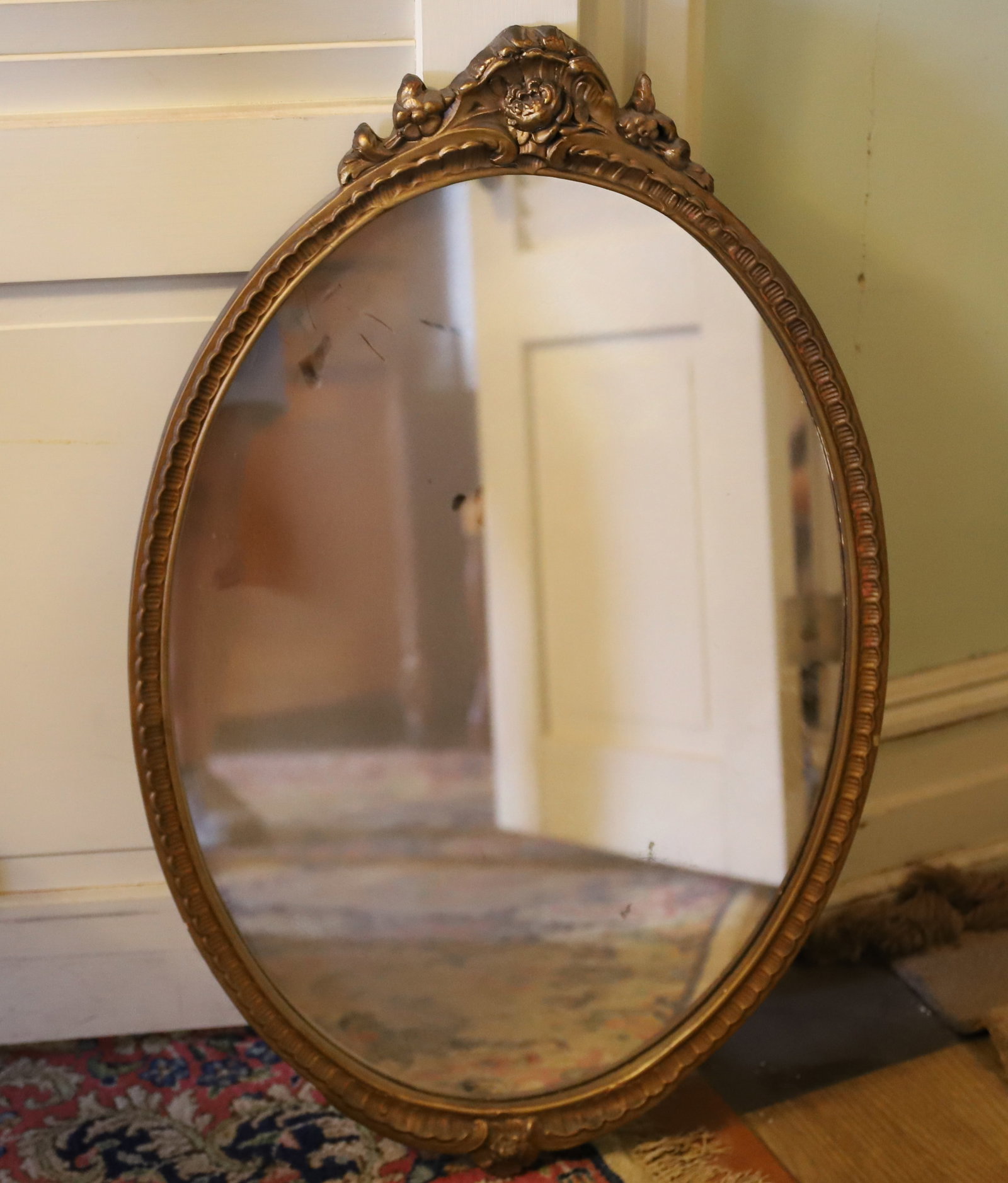 OVAL WALL MIRROR: ORIGINAL FINISH GOLD ON GESSO 1930S 33 1/2" X 21" PLEASE READ CAREFULLY – THIS IS AN ONSITE ONLINE ONLY AUCTION. The Address is 206 Market St. Bangor, Pa. 18013