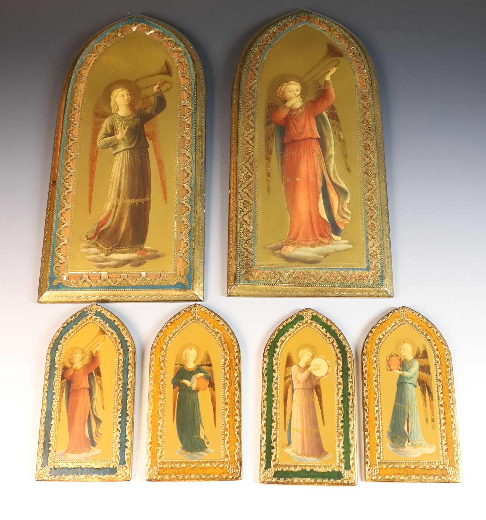 (6) ANGEL PRINTS ITALY: ALL WITH MUSICAL INSTRUMENTS POINTED ARCH TOPS 13 1/2"H, 6"H PLEASE READ CAREFULLY – THIS IS AN ONSITE ONLINE ONLY AUCTION. The Address is 206 Market St. Bangor, Pa. 18013