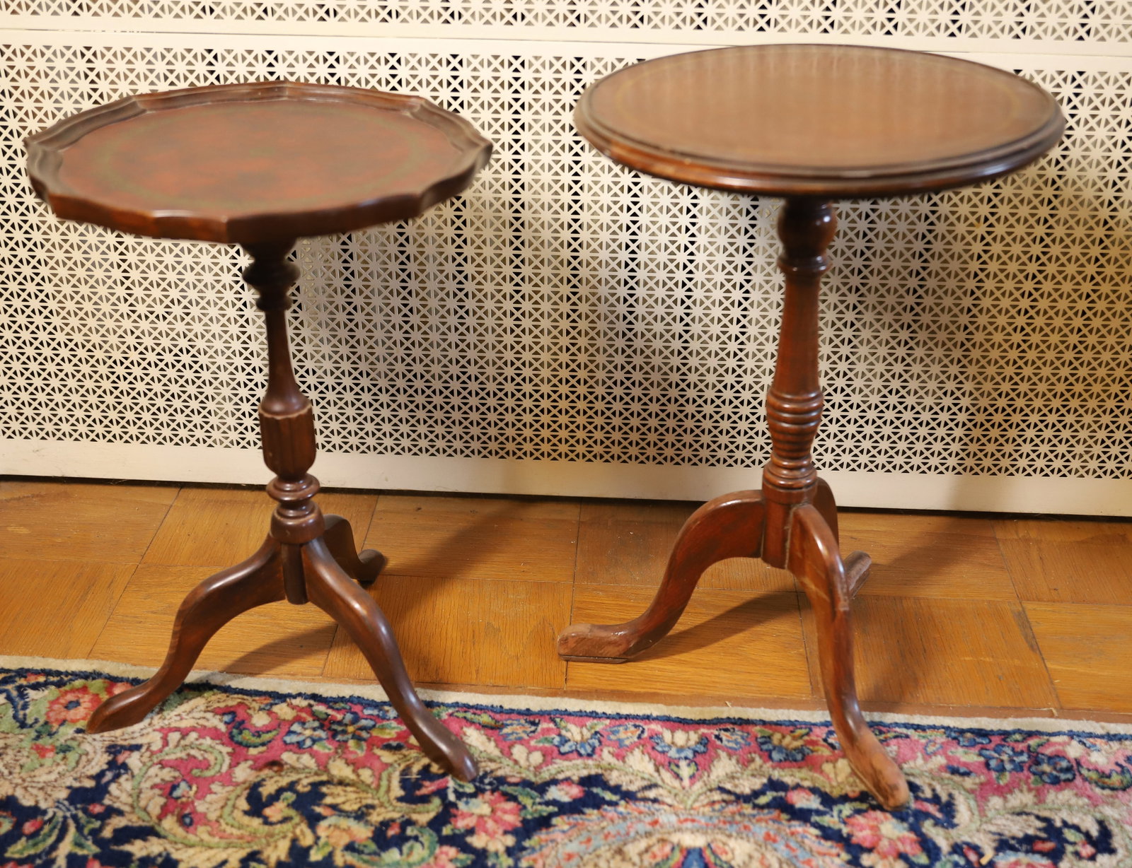 TWO OCCASIONAL TABLES: ROUND TOPS WITH LEATHER, THREE PAD FEET 22" X 14" DIA LARGEST PLEASE READ CAREFULLY – THIS IS AN ONSITE ONLINE ONLY AUCTION. The Address is 206 Market St. Bangor, Pa. 18013