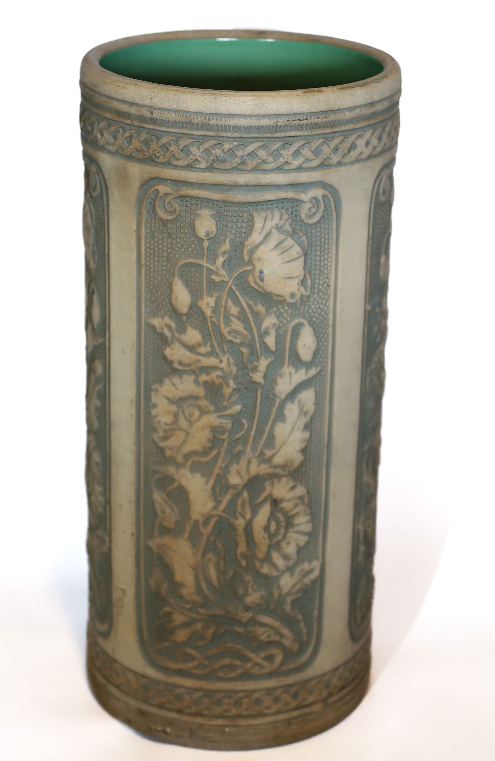 VINTAGE UMBRELLA HOLDER: STONEWARE OHIO AREA GREEN STAIN FLORAL RELIEFS INTERIOR GREEN GLAZE 22" X 10" PLEASE READ CAREFULLY – THIS IS AN ONSITE ONLINE ONLY AUCTION. The Address is 206 Market St. Bangor, Pa. 18013