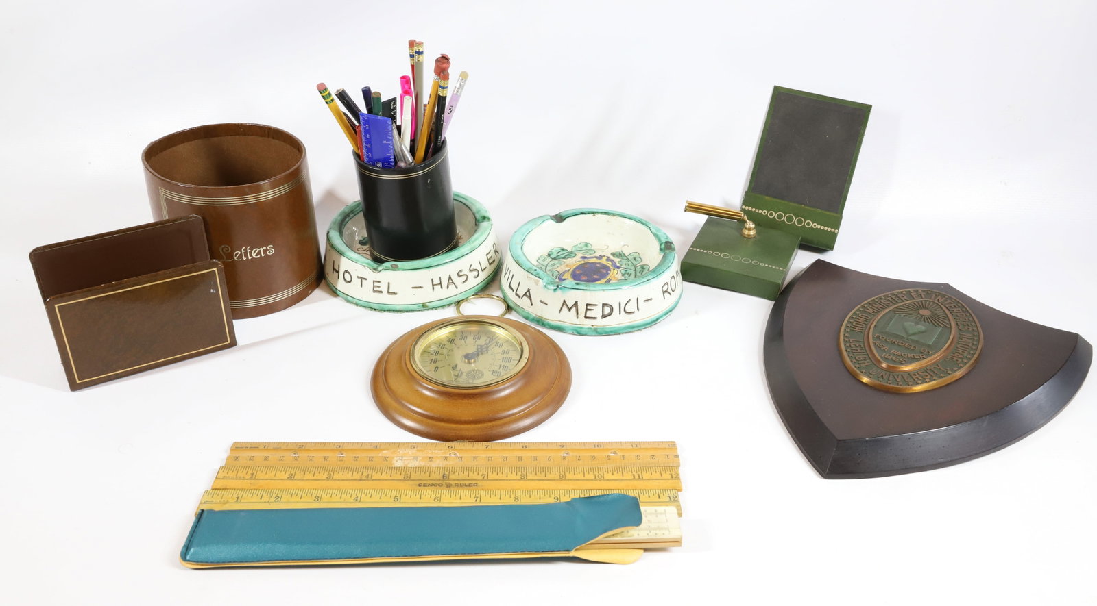TRAY LOT: ITALIAN ASHTRAYS, THERMOSTAT, BRONZE MINISTER PLAQUE PENCILS ETC 10" 10" PLEASE READ CAREFULLY – THIS IS AN ONSITE ONLINE ONLY AUCTION. The Address is 206 Market St. Bangor, Pa. 18013