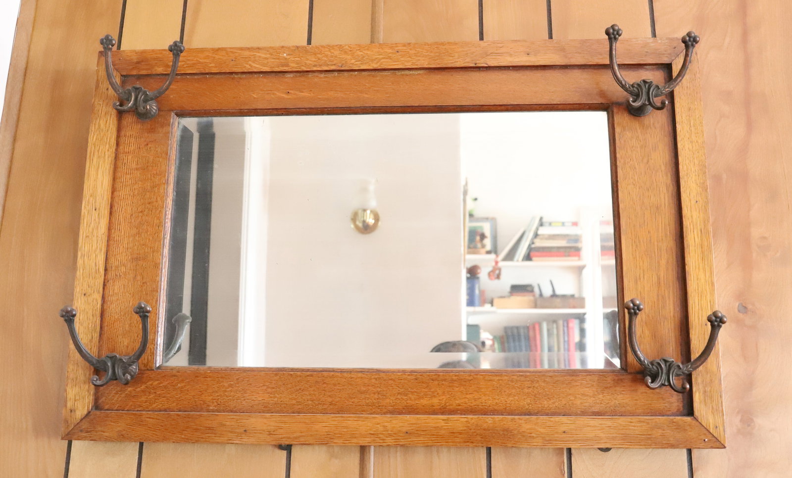 WALL HAT RACK: SOLID OAK BEVELED MIRROR ART NOUVEAU CAST IRON COAL AND HAT HOOKS 21"H X 33"W PLEASE READ CAREFULLY – THIS IS AN ONSITE ONLINE ONLY AUCTION. The Address is 206 Market St. Bangor, Pa. 18013
