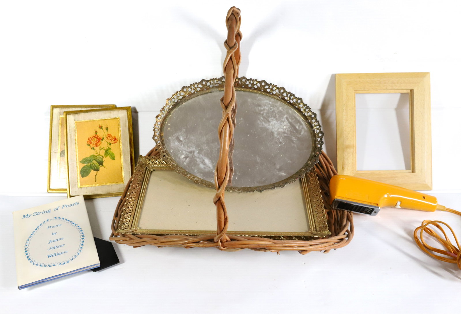 MISCELLANEOUS BASKET LOT: FIRESIDE BASKET, VINTAGE MOD HAIR DRYER, OVAL MIRROR TRAY ETC 18" X 17" PLEASE READ CAREFULLY – THIS IS AN ONSITE ONLINE ONLY AUCTION. The Address is 206 Market St. Bangor, Pa. 18013