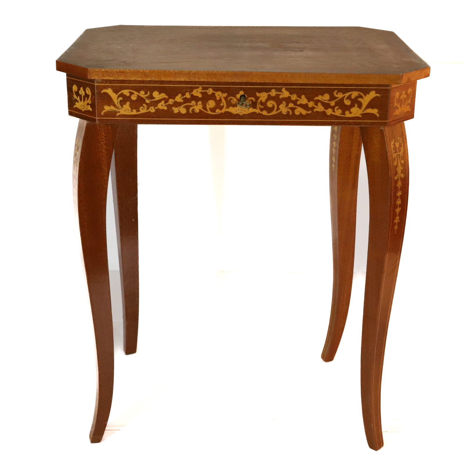 INLAID WOOD ITALIAN WORK TABLE: ALL OVER INLAY LIFT LID WITH WORK AREA AND MUSIC BOX 17 1/2" X 15" X 11" PLEASE READ CAREFULLY – THIS IS AN ONSITE ONLINE ONLY AUCTION. The Address is 206 Market St. Bangor, Pa. 18013