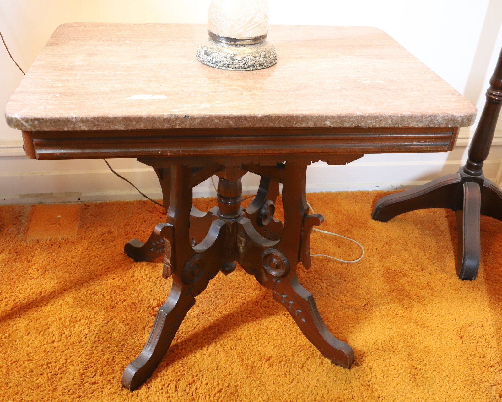CHOCOLATE MARBLE TOP TABLE: EASTLAKE DESIGN RECTANGLE FOUR LEGS WITH CENTER POST, 232 1/2" X 28" X 20" PLEASE READ CAREFULLY – THIS IS AN ONSITE ONLINE ONLY AUCTION. The Address is 206 Market St. Bangor, Pa. 18013