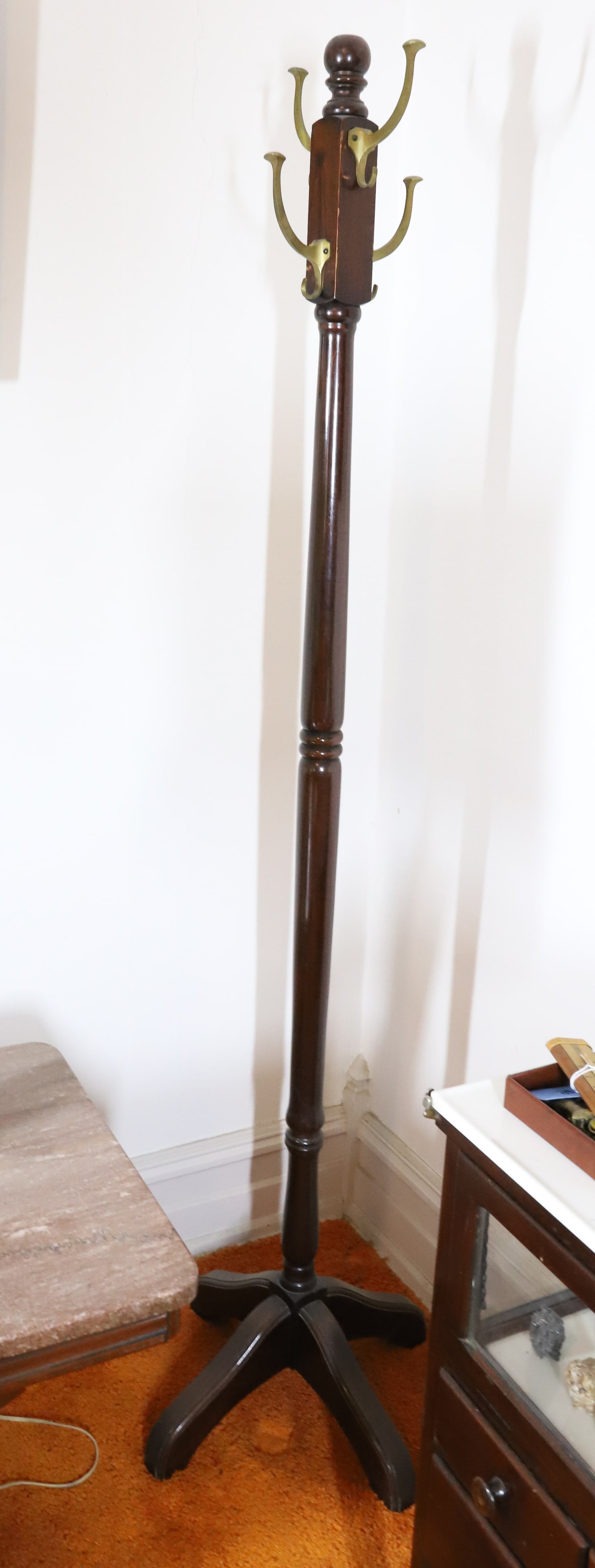 ANTIQUE COAT TREE: MISSION STYLE BRASS HOOKS MAHOGANY FINISH FOUR HEAVY FEET 71" PLEASE READ CAREFULLY – THIS IS AN ONSITE ONLINE ONLY AUCTION. The Address is 206 Market St. Bangor, Pa. 18013