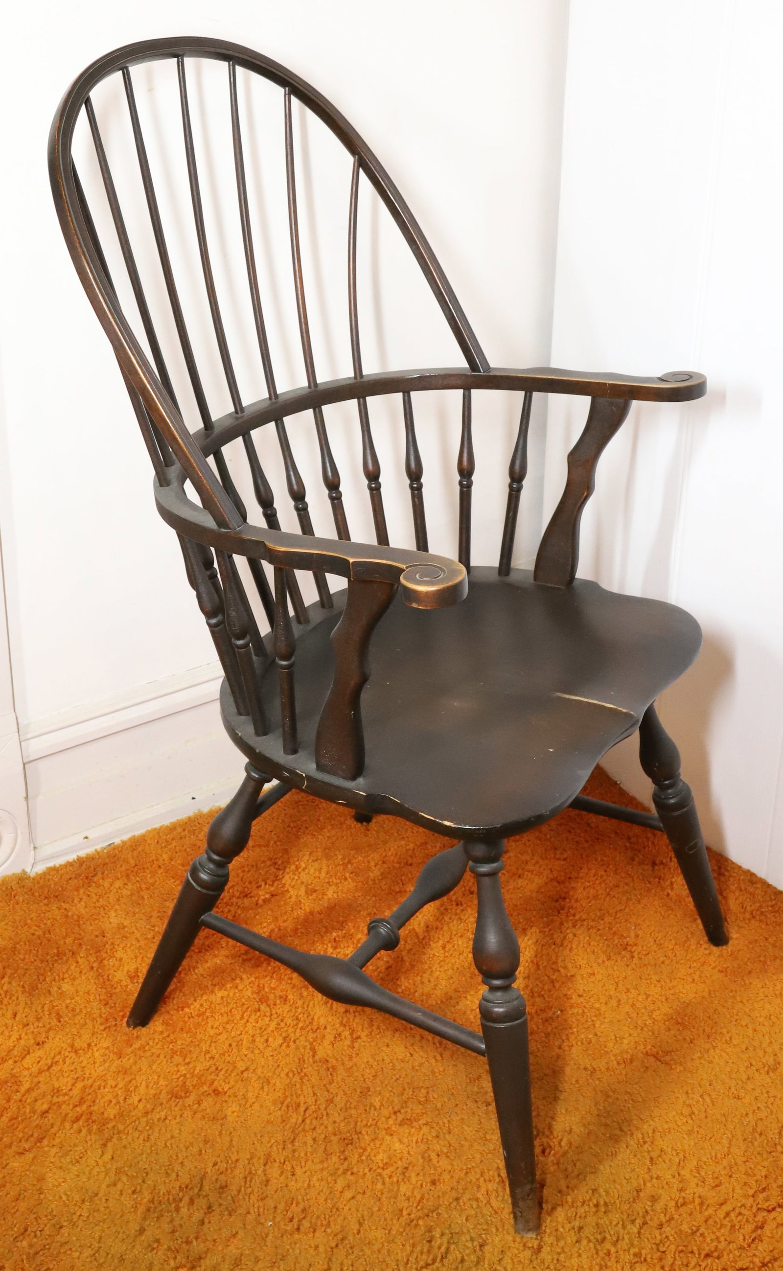 VINTAGE WINDSOR TYPE CHAIR: DARK FINISH CARVED HAND PADS,HOOP BACK 41"H X 25" PLEASE READ CAREFULLY – THIS IS AN ONSITE ONLINE ONLY AUCTION. The Address is 206 Market St. Bangor, Pa. 18013